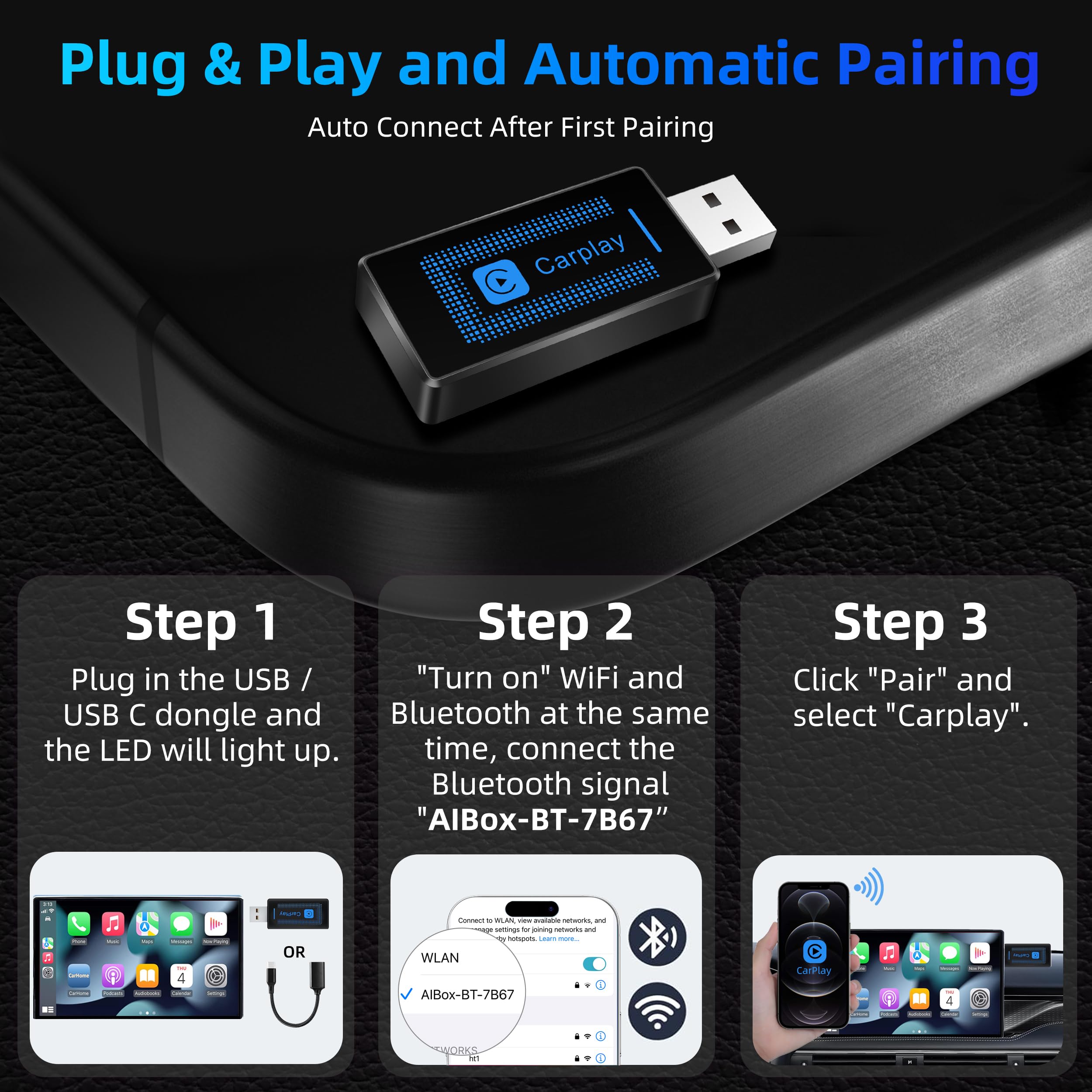 2024 Upgraded Wireless CarPlay Adapter for iPhone - Plug & Play USB CarPlay Dongle - Compatible with 2016+ Cars & iOS 10+ iPhones (CLZ121-1) - Perfect for Hands-Free Driving, Music Streaming & GPS Navigation