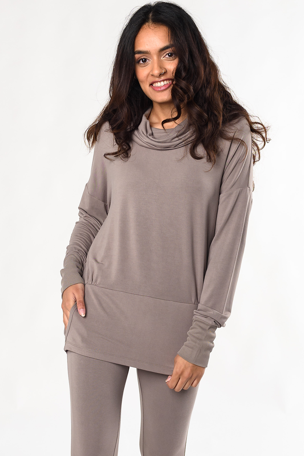 Eco-Friendly Hazel Cowl Neck Bamboo Top in Taupe - Soft & Breathable Women's T-Shirt for Casual Wear, Work, and Everyday Comfort