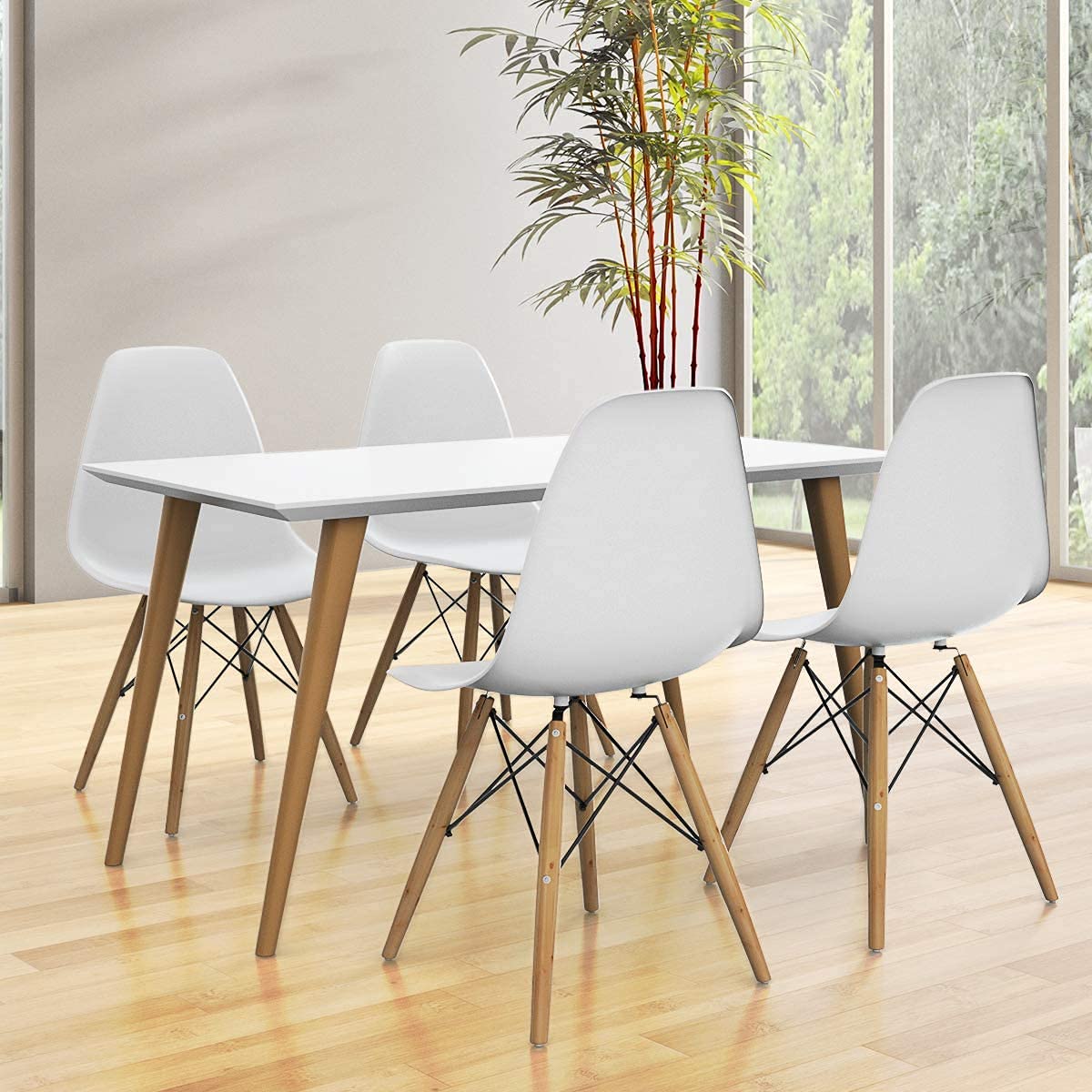 ERGOMASTER Mid Century Modern Dining Chairs Set of 4 - Sturdy Wooden Legs & Durable Plastic Shell - White Kitchen Chairs for Dining Room, Living Room, Bedroom & Office - Perfect for Home Decor & Small Spaces