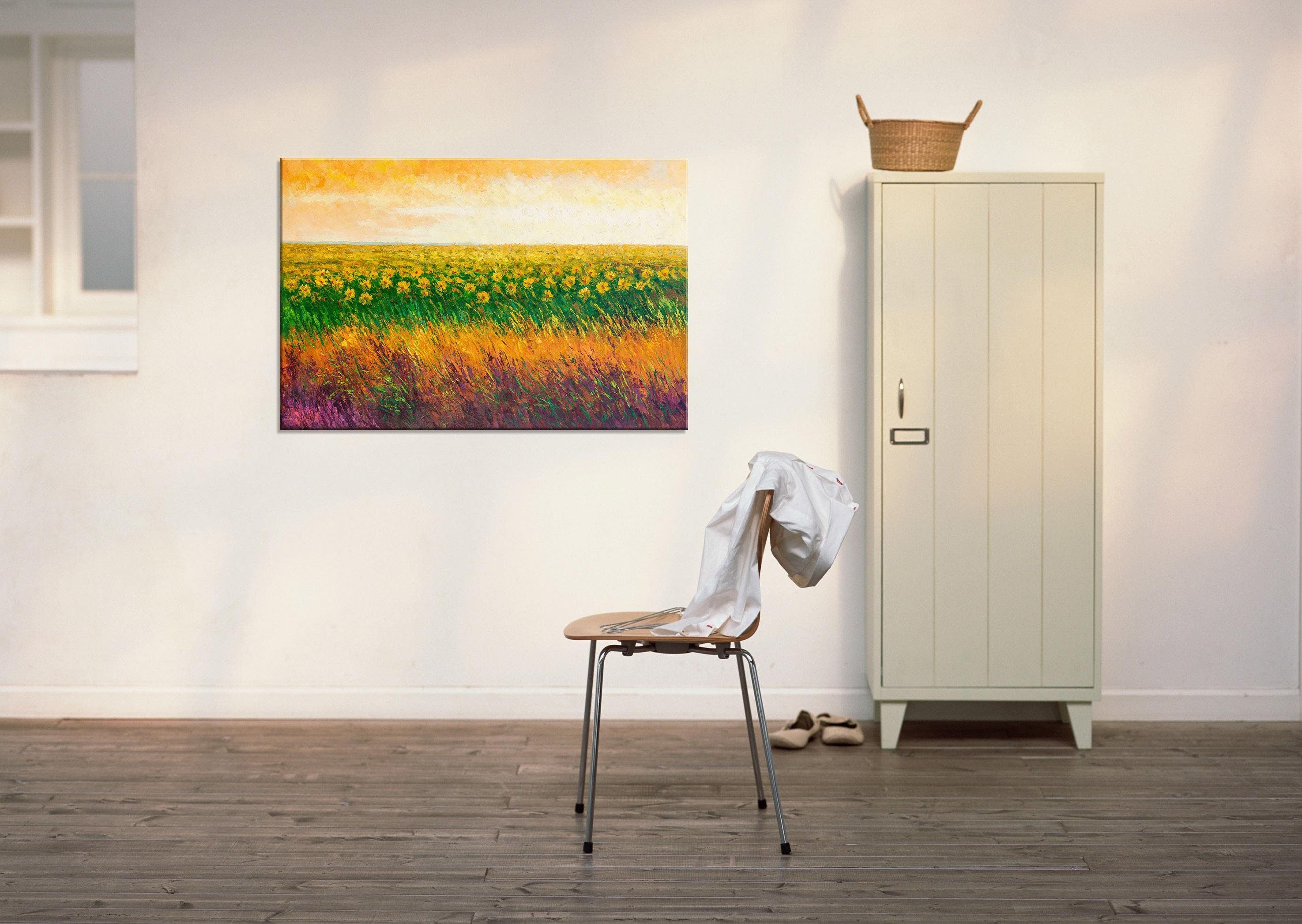 Original Wildflower Sunset Oil Painting - Golden Hour Bloom Large Impasto Artwork - Handmade Floral Landscape Decor for Living Room, Bedroom & Office