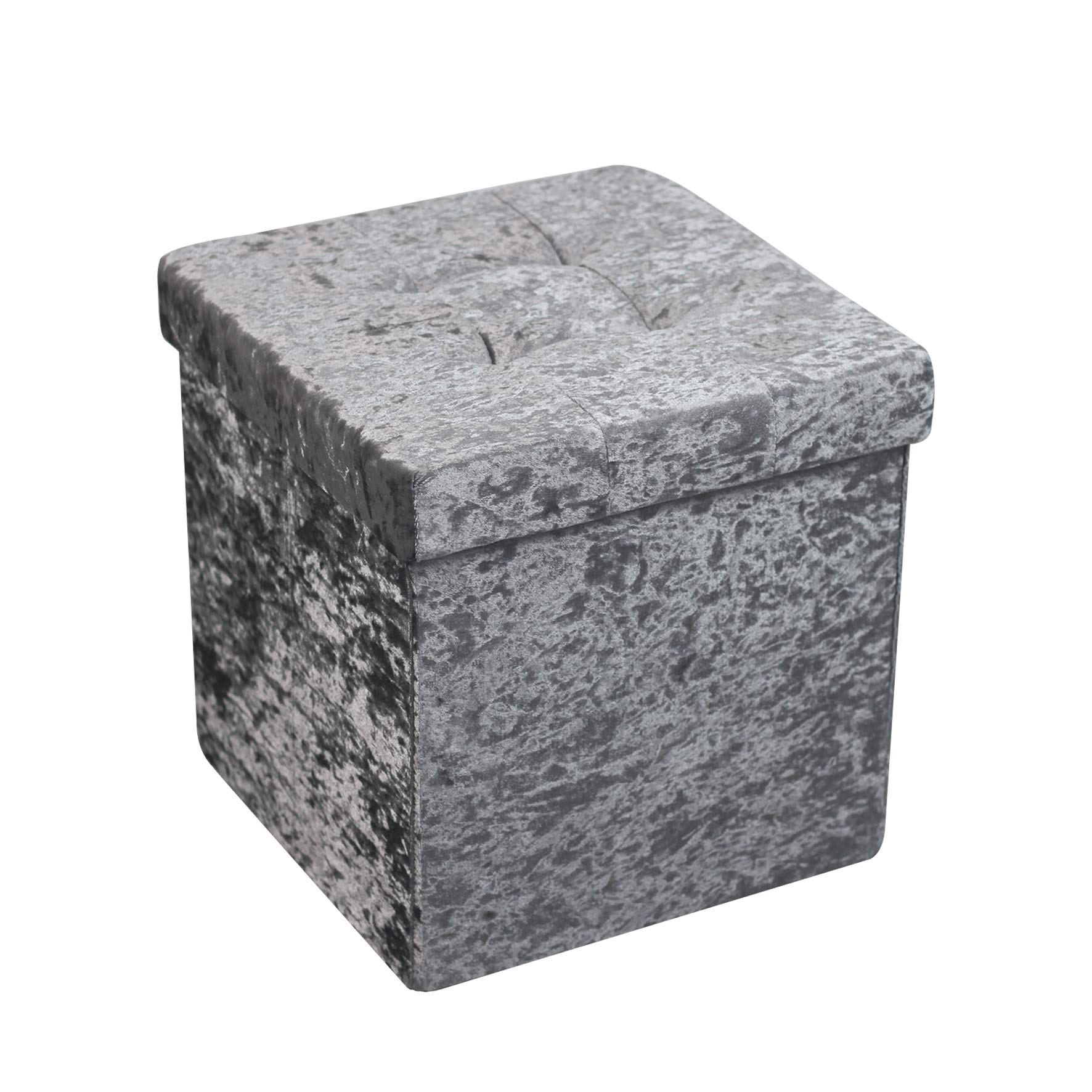 HomeHarmony® Crushed Velvet Quilted Storage Ottoman - Foldable Footrest Stool with Removable Top, Multi-Purpose Toy & Blanket Storage Box (Medium Silver) - Perfect for Living Room, Bedroom & Nursery Organization