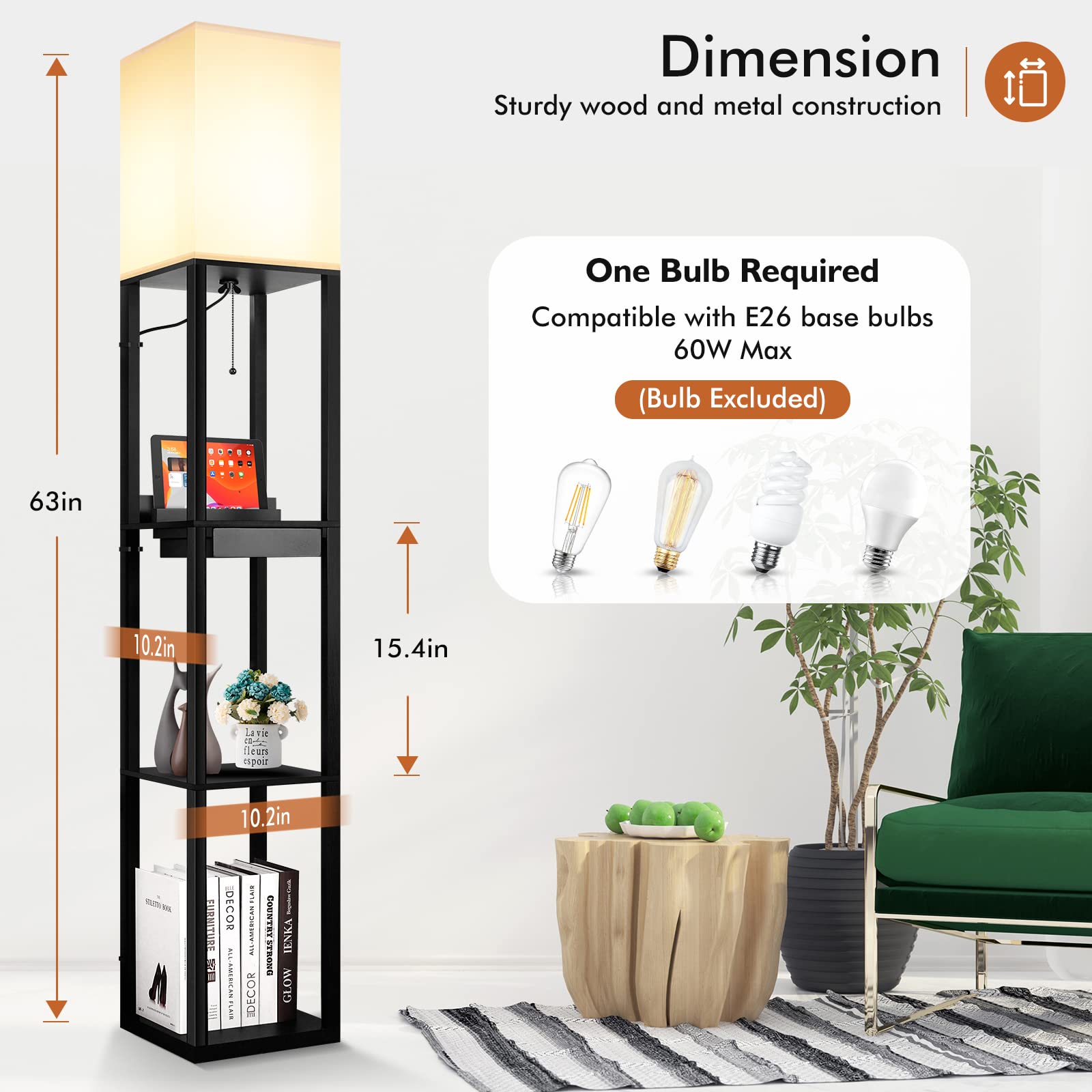 BrightHome Modern Floor Lamp with Shelves and Drawer - Tall Standing Lamp with 2 USB Ports & 1 Outlet - Solid Wood Storage Shelf Lamp for Living Room, Bedroom, Office - Perfect for Reading, Working & Charging Devices