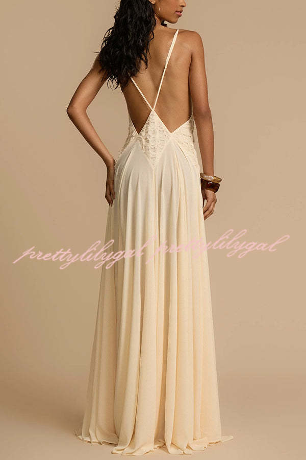 Venus By The Sea Tulle Lace Patchwork Backless Flowy Maxi Dress for Women - Elegant Beach Wedding Guest Dress & Summer Party Gown