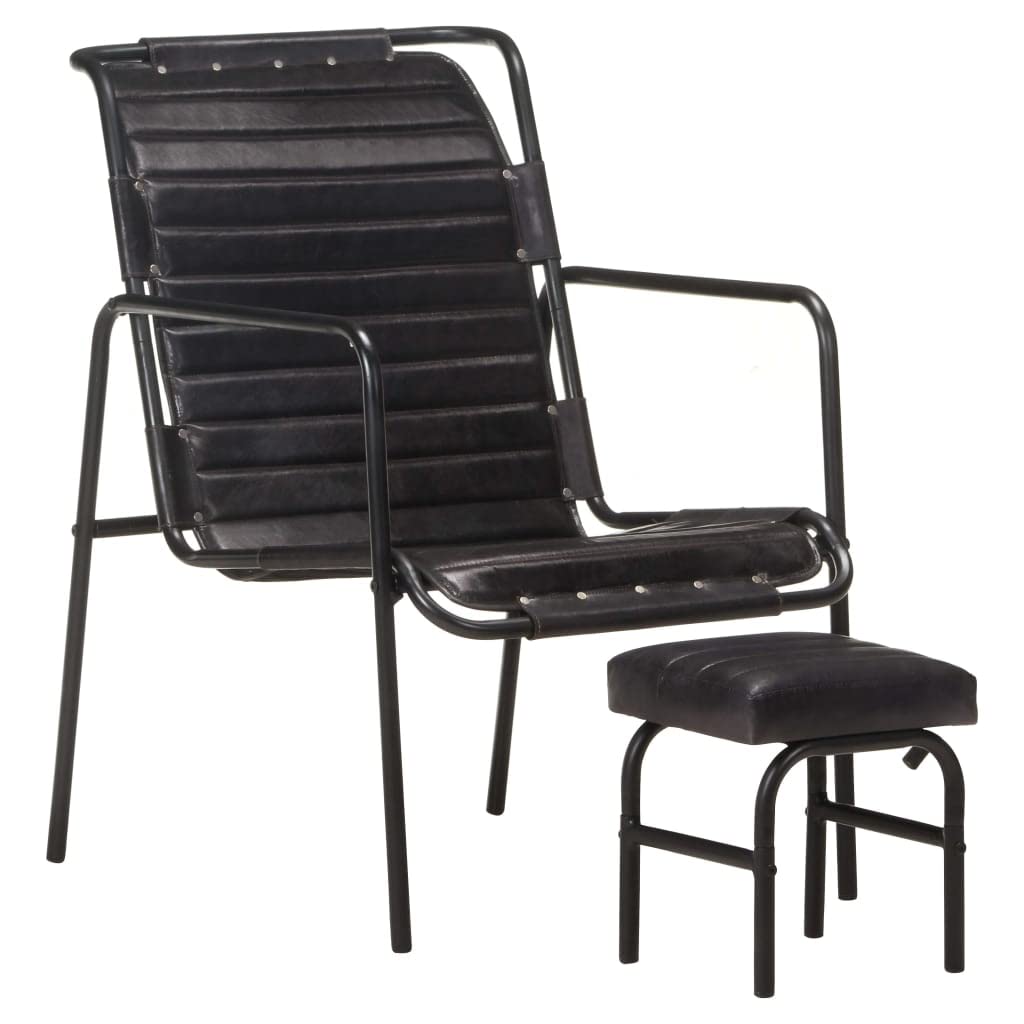 CHARMMA Vintage Leather Lounge Chair with Ottoman & Armrest - Anti-Slip Iron Legs, Backrest - Cozy Accent Chair for Living Room & Bedroom (Black) | Perfect for Reading Nooks, Home Offices & Relaxation Spaces