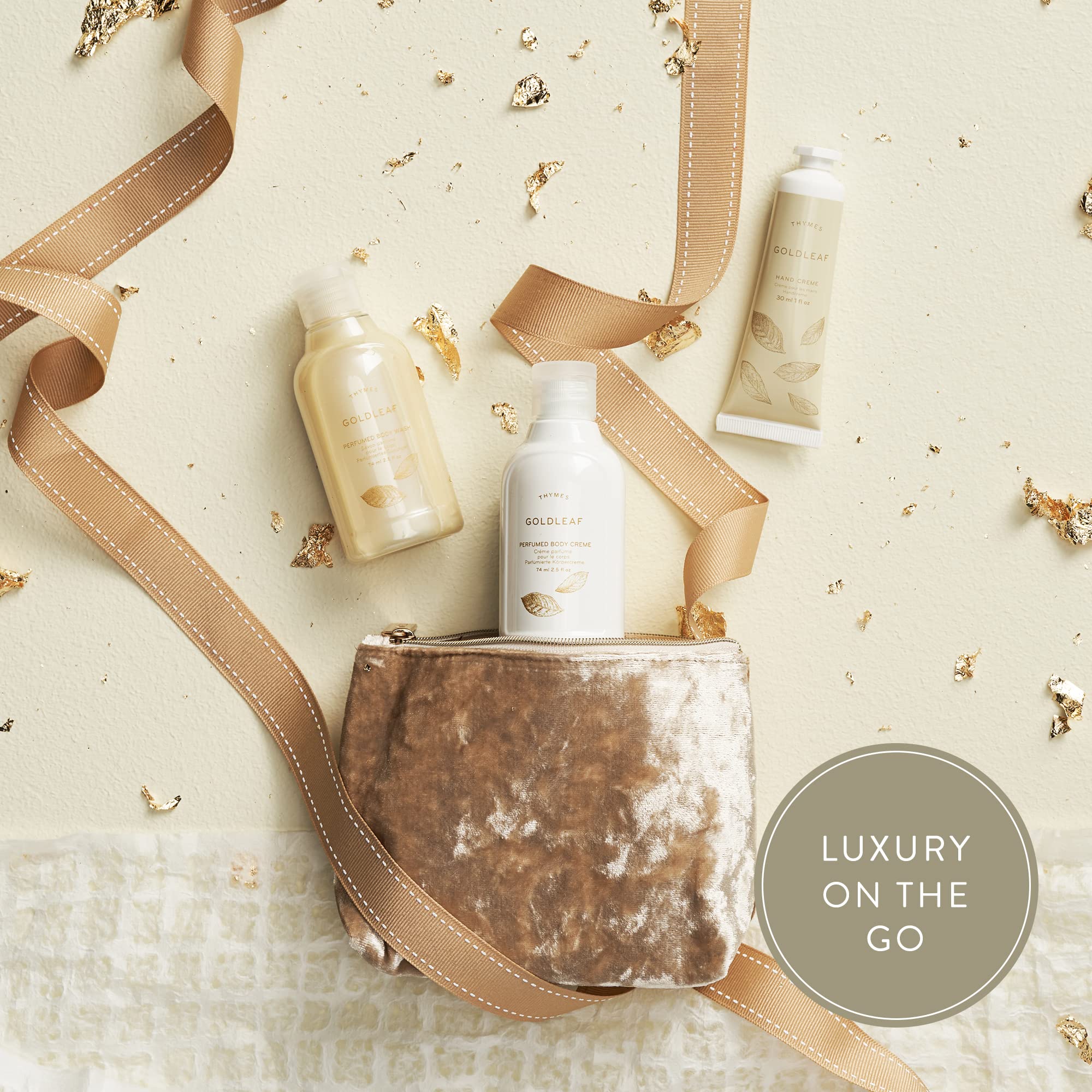Thymes Goldleaf Perfumed Travel Set with Body Wash, Lotion & Hand Cream | Luxury Beauty Gift Set for Women | Perfect for Vacation, Spa Days & On-the-Go Pampering