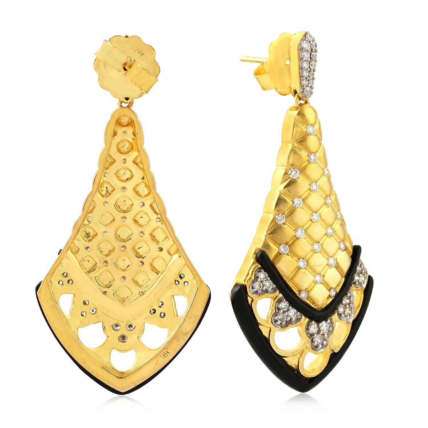 18K Yellow Gold Fancy Cut Onyx Gemstone Bezel Set Diamond Dangle Earrings for Women - Perfect for Indian Ethnic Wear, Weddings & Special Occasions