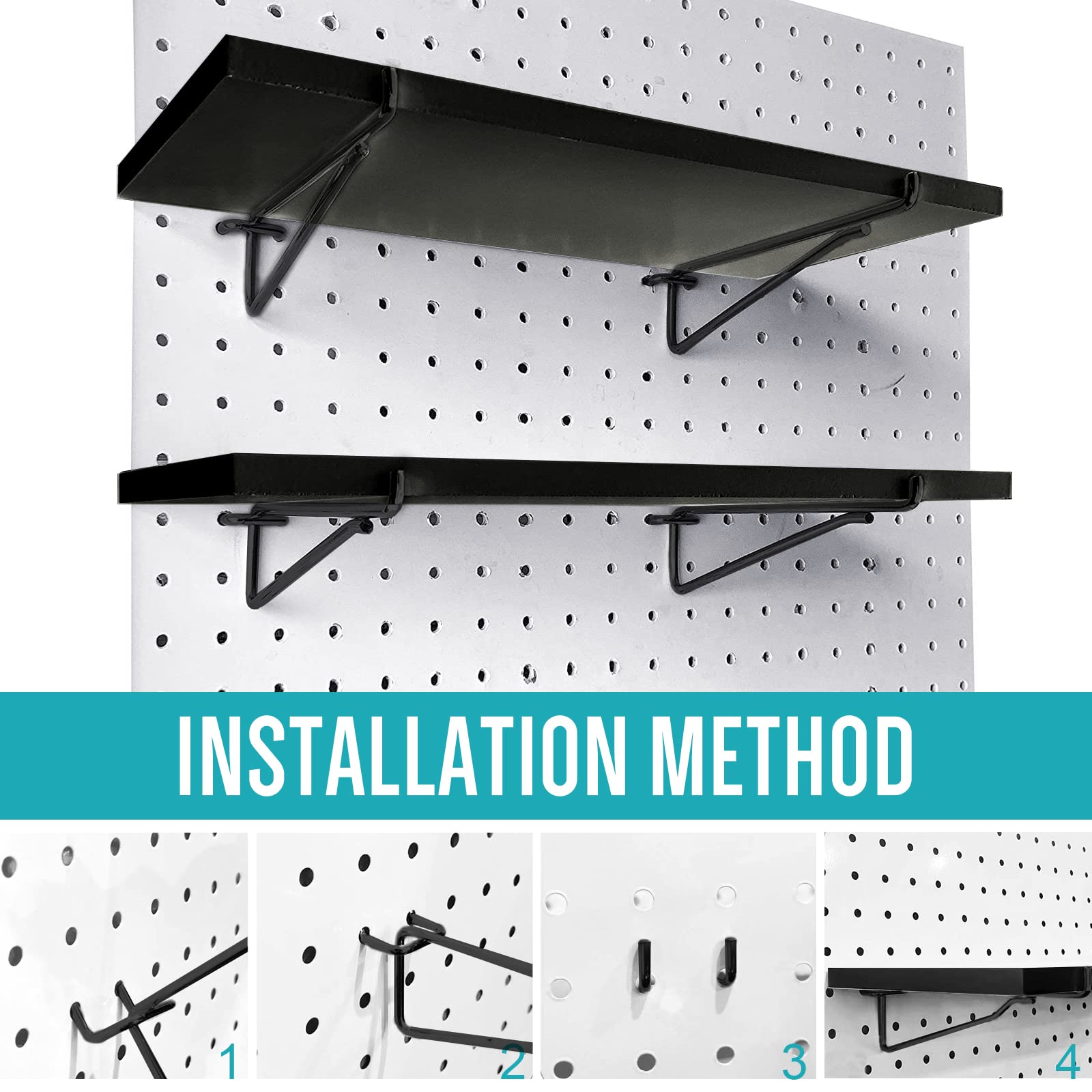 Black Pegboard Shelf 4 Pack - Wooden Shelves with Metal Brackets & Hooks for Craft Room, Home Organization, Kitchen Storage & Garage Tool Wall - Perfect for DIY Projects, Small Space Solutions & Workshop Organization