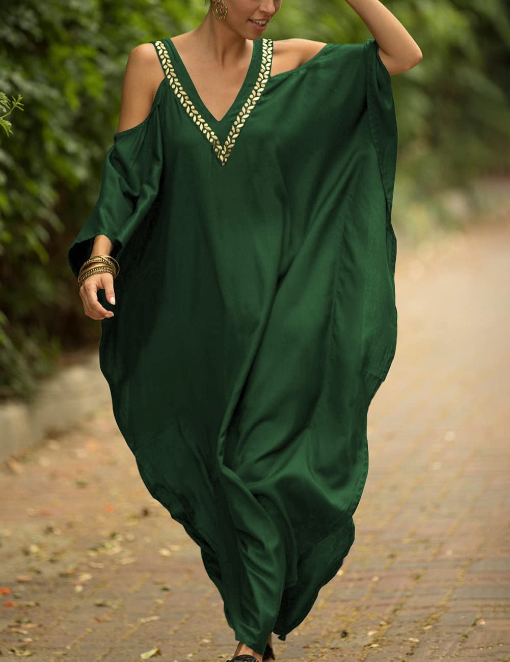 Bsubseach Turkish Cold Shoulder Kaftan Dress - Flowy Maxi Beach Cover Up for Women, Swimsuit Cover Up, Boho Summer Dress for Pool, Vacation & Resort Wear