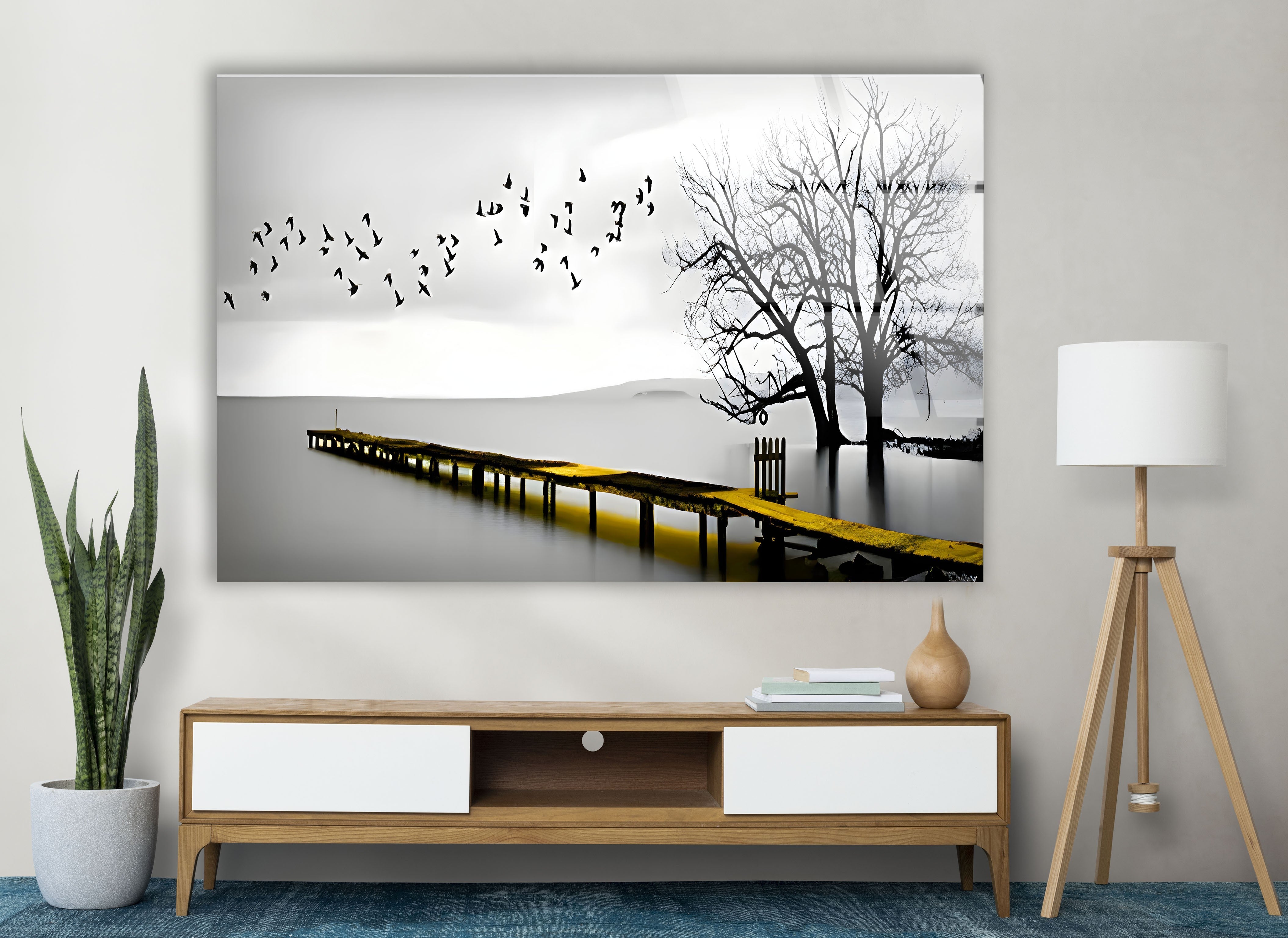 Black and White Dock & Birds Glass Wall Art - Elegant Coastal Decor for Living Room, Bedroom, or Office