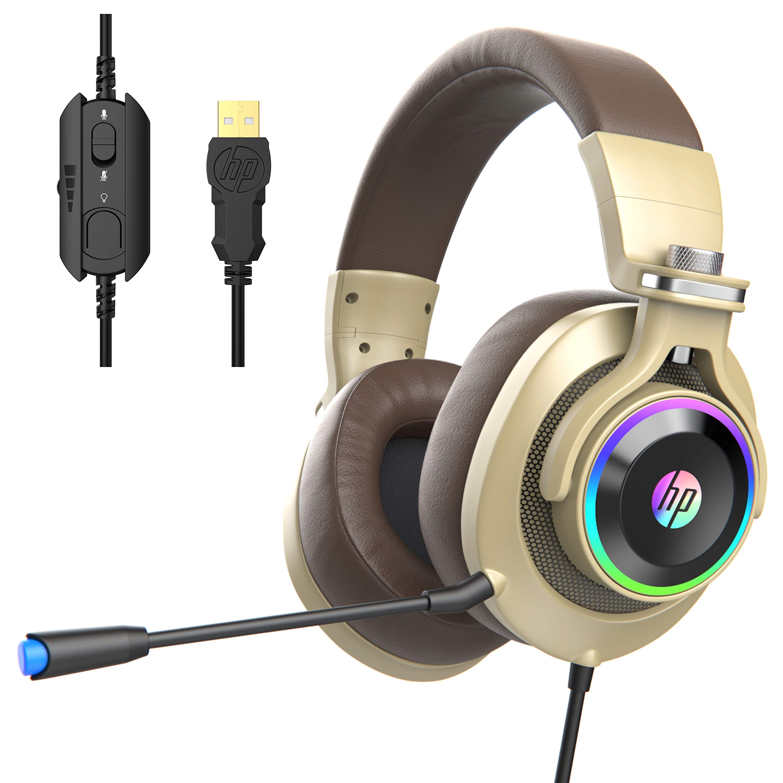 HP USB Gaming Headset with Microphone - 7.1 Surround Sound, Noise Cancelling Over-Ear Headphones, RGB Lighting, Detachable Mic for PC, Mac, PS4, Laptop (Gold) - Perfect for Gaming, Streaming & Online Meetings