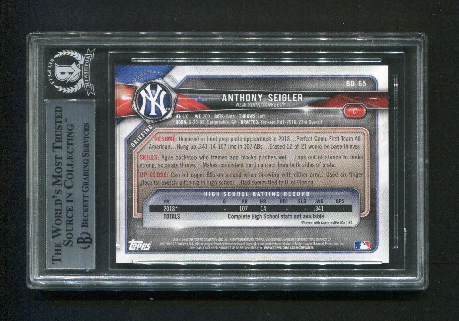 2018 Bowman Draft Anthony Seigler #BD65 BGS 9.5 Gem Mint Signed Rookie Baseball Card - Perfect for Collectors, Investors & Sports Memorabilia Enthusiasts