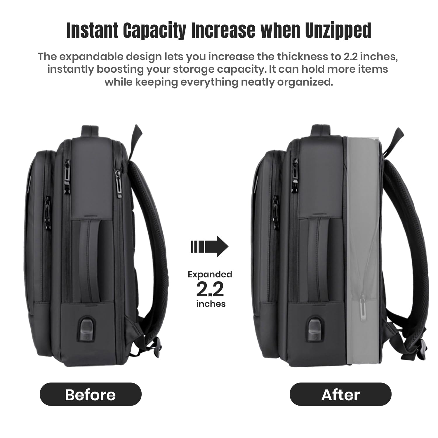 Expandable 16 Inch Laptop Backpack with USB Charging Port - Water-Resistant Business & College Backpack for Men & Women - Perfect for Work, Travel & School - Black