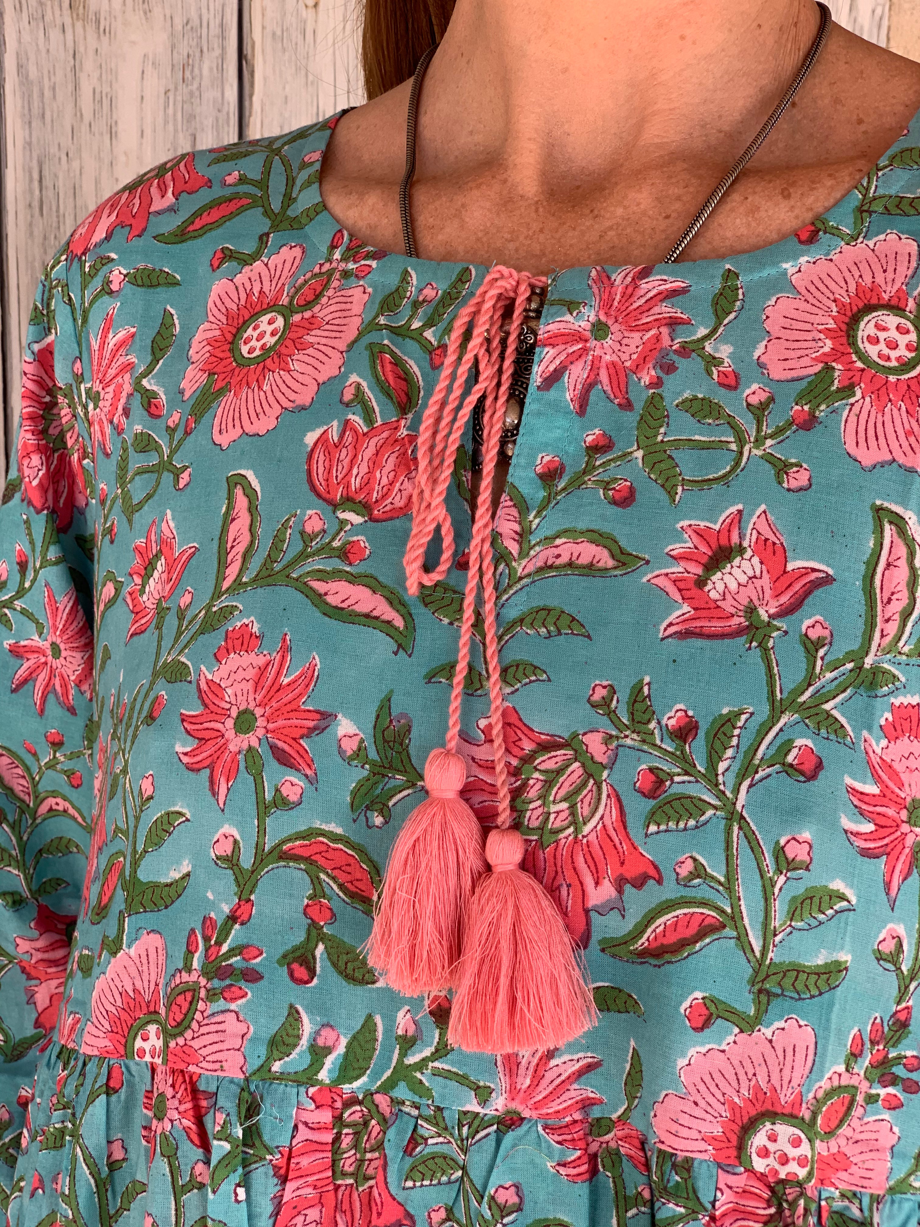 Boho Turquoise Dress for Women - Flowy Summer Maxi Dress with V-Neck & Long Sleeves | Perfect for Beach Vacations, Music Festivals & Boho Chic Outfits