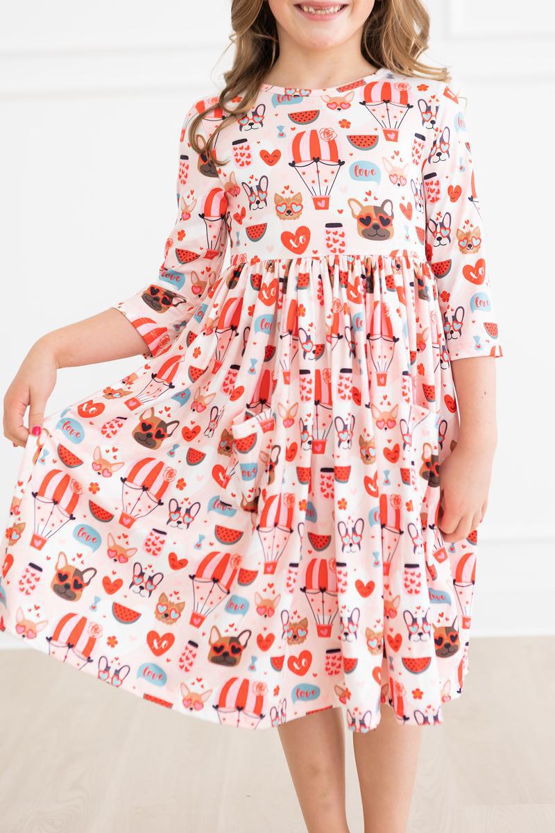 Puppy Love 3/4 Sleeve Pocket Twirl Dress for Girls | Cute Floral Print Party Outfit | Perfect for Birthday, Easter & Special Occasions