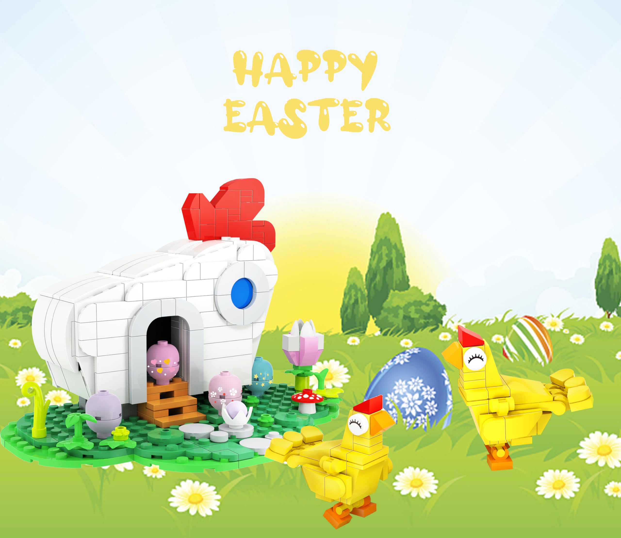 Easter Chicks Farm Henhouse Building Kit - 469PCS Creative STEM Toys for Boys & Girls Age 6+, Easter Basket Stuffers & Egg Fillers, Educational Building Bricks with Flowers & Eggs - Perfect for Easter Gifts, Kids Playtime & Farm Animal Learning Activities