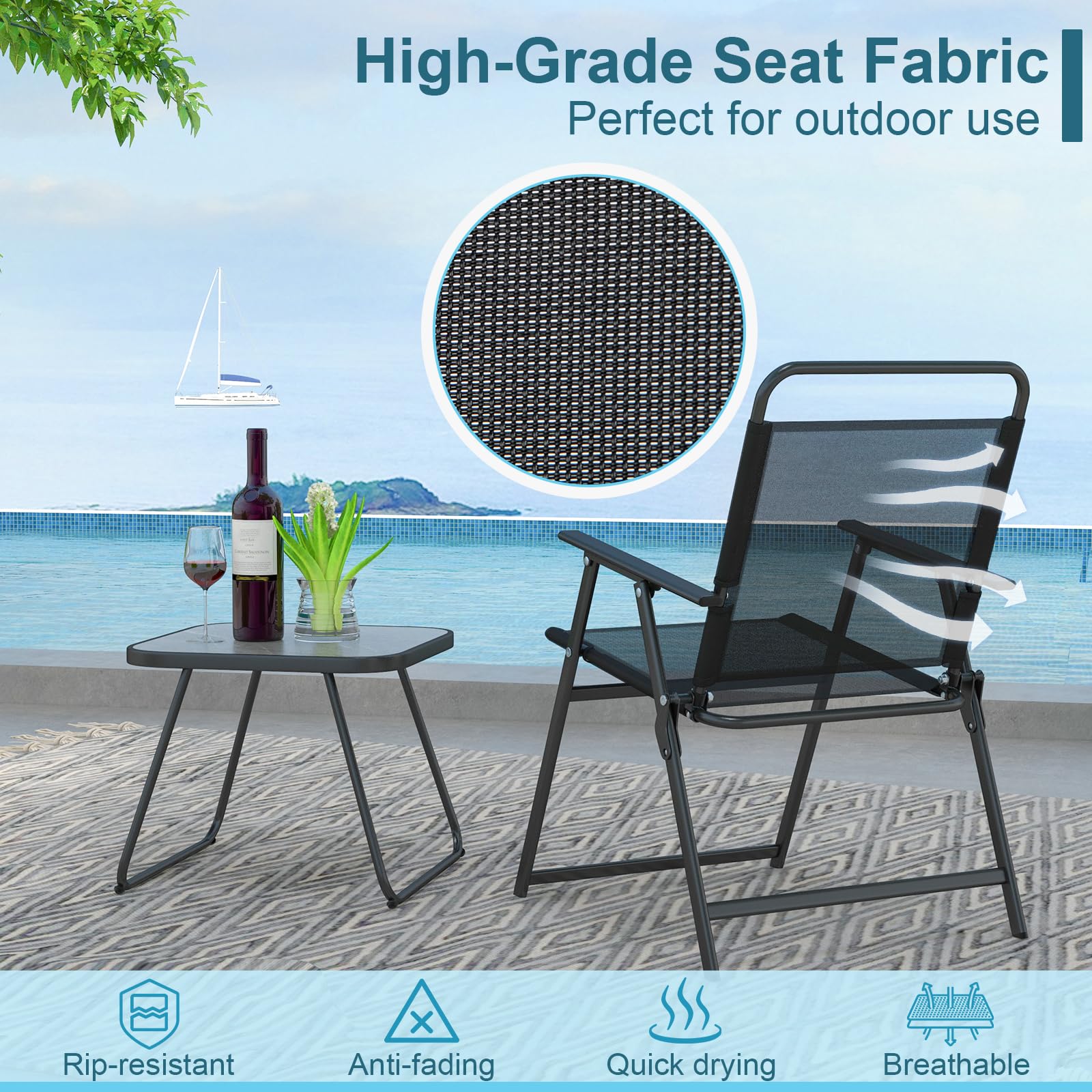 Tangkula 3-Piece Patio Fistro Set - 2 Folding Chairs with Coffee Table, Durable Steel Frame & Breathable Fabric, Compact Outdoor Furniture for Backyard, Poolside, Balcony, Garden or Patio (Black) - Perfect for Relaxing, Entertaining Guests or Enjoying Morning Coffee Outdoors