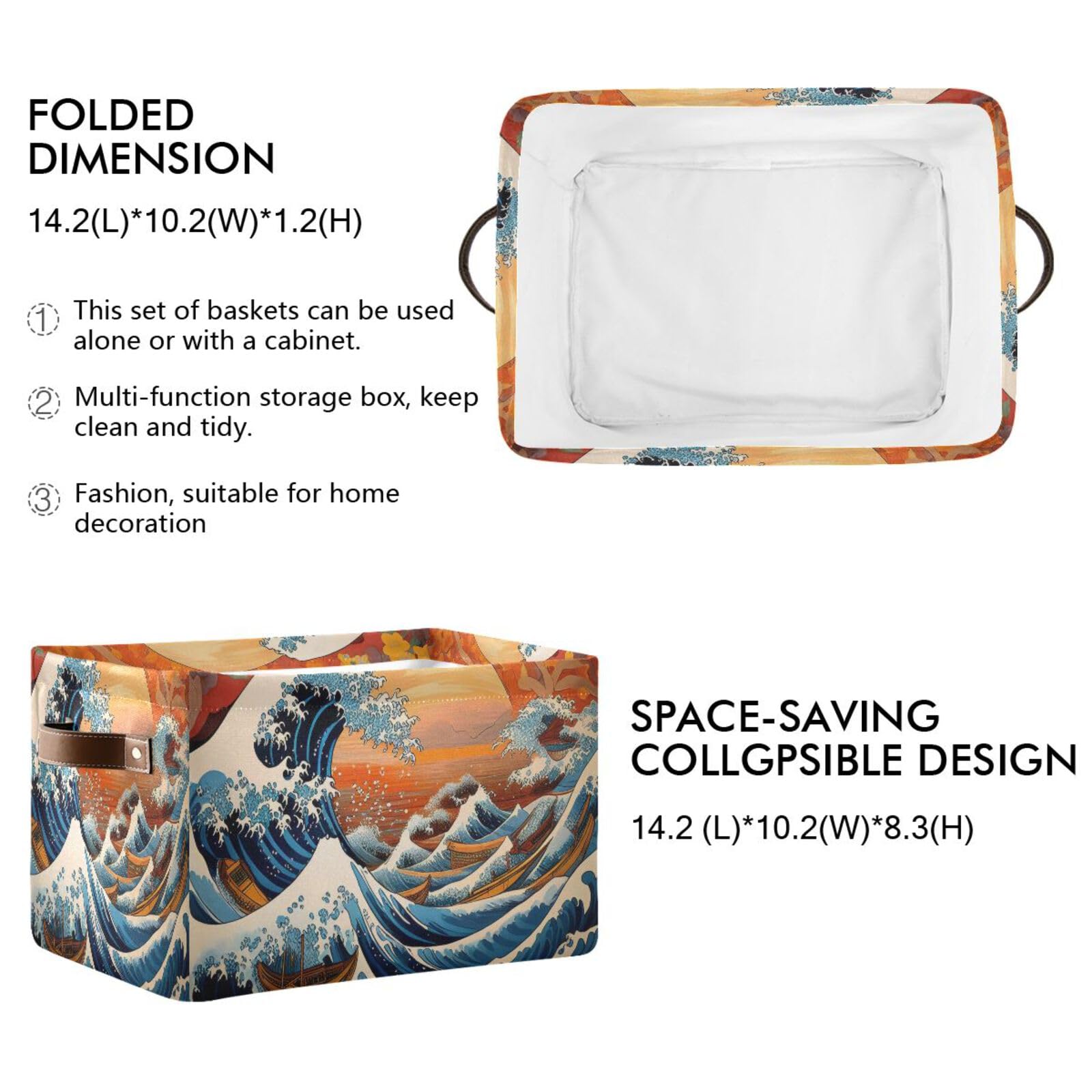 2-Pack Japanese Fabric Storage Bins with Handles - Kanagawa Wave Pattern Closet Organizer Baskets for Clothes, Toys & Home Organization | Perfect for Bedroom, Nursery & Laundry Room Storage