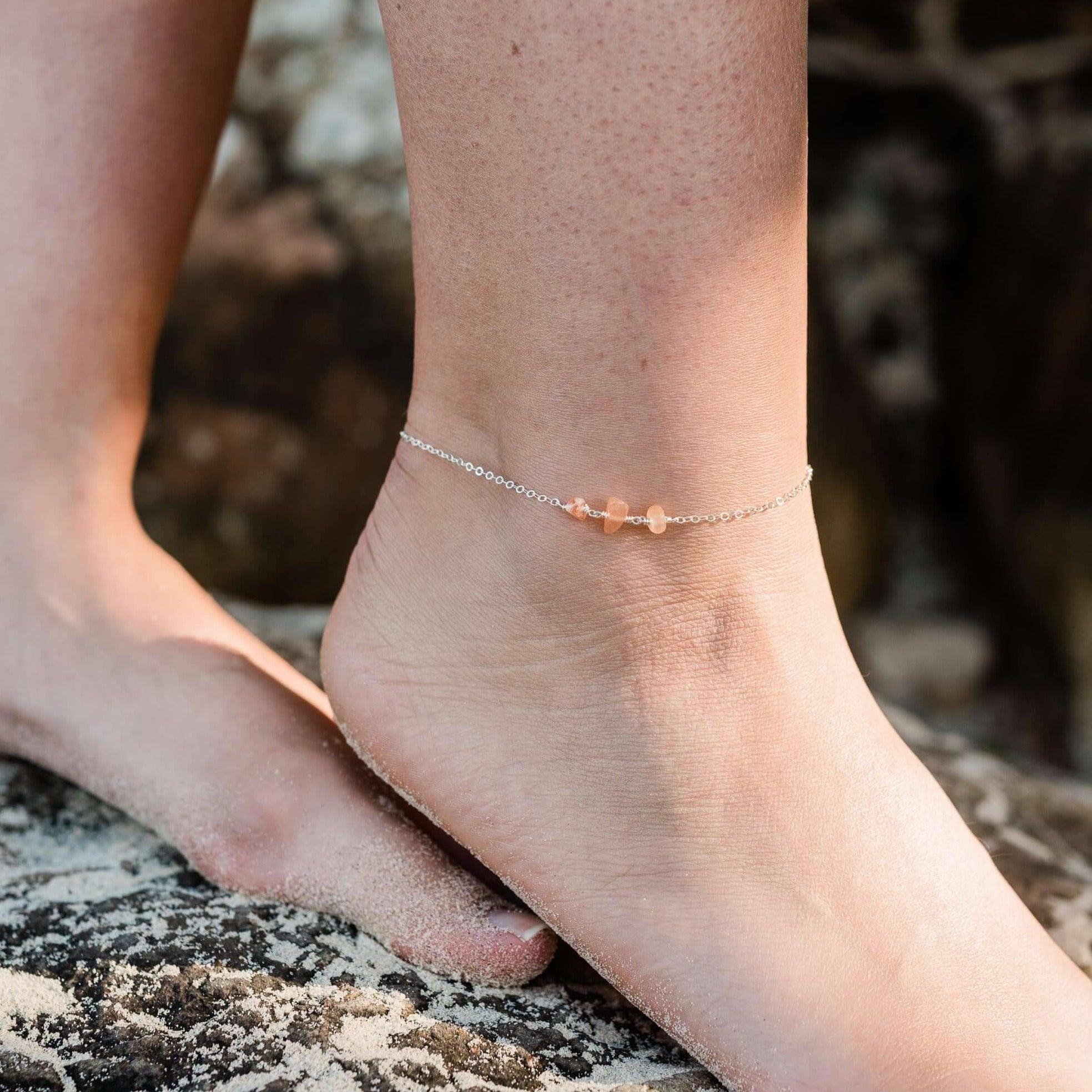 Sunstone Beaded Chain Anklet - Handmade Boho Ankle Bracelet for Women | Adjustable Crystal Jewelry for Summer Beach & Festival Outfits