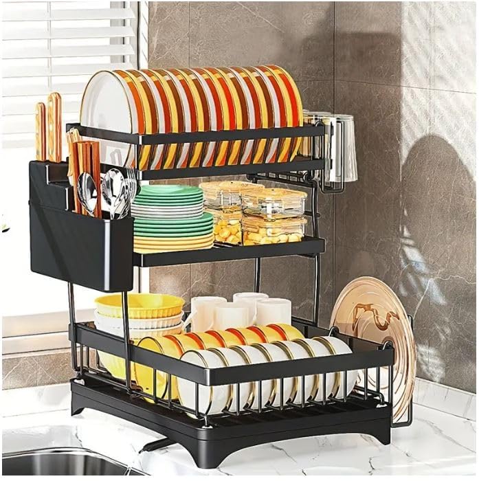 CBEX 3-Tier Stainless Steel Dish Drying Rack with Drain Tray - Space Saving Kitchen Countertop Organizer for Plates, Bowls & Utensils | Perfect for Small Kitchens, Apartments & RV Use
