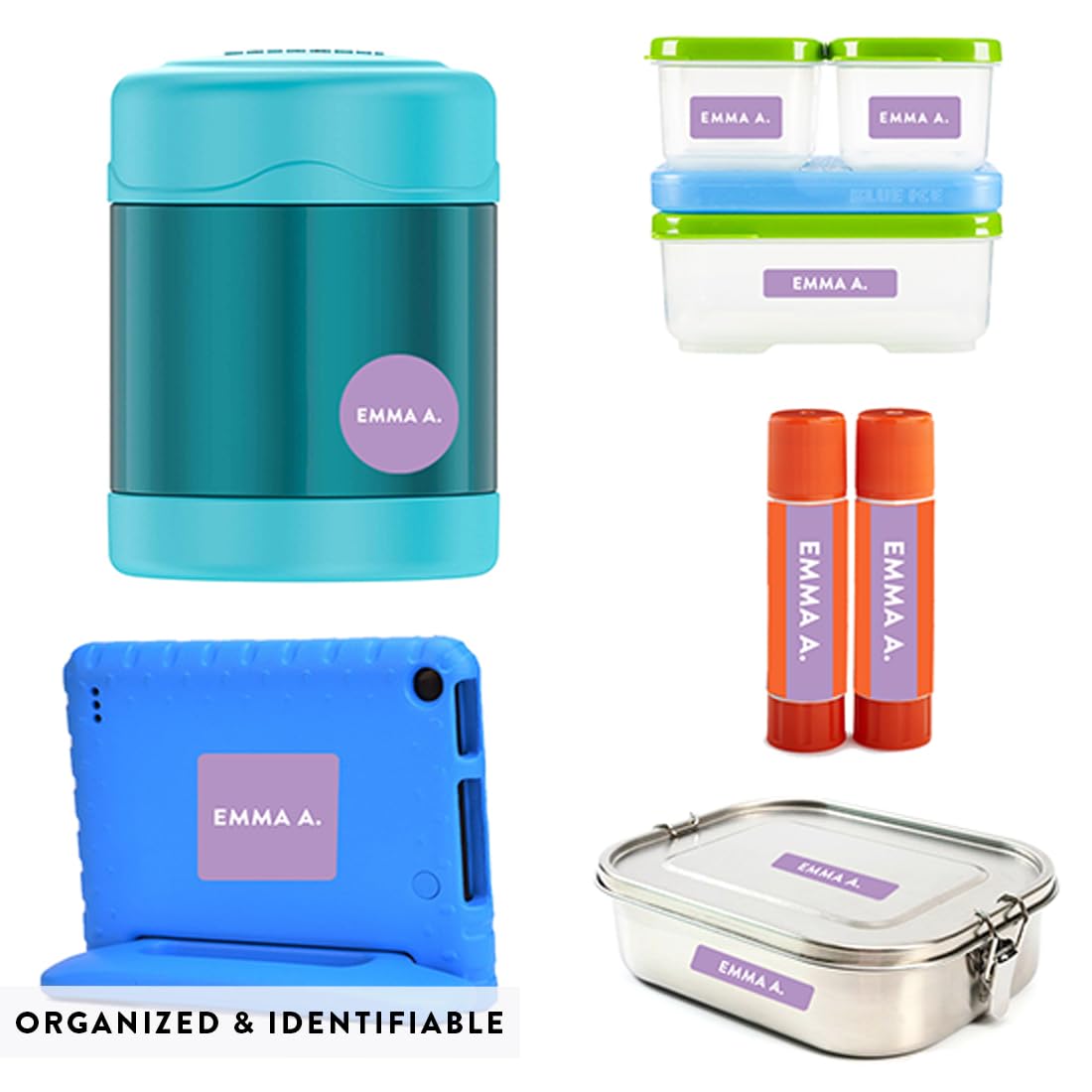 Andaz Press Custom Personalized Waterproof School Name Labels - 120 Pack Kids Name Stickers for School Supplies, Preschool & Daycare - Lavender Design | Perfect for Backpacks, Lunchboxes & Water Bottles