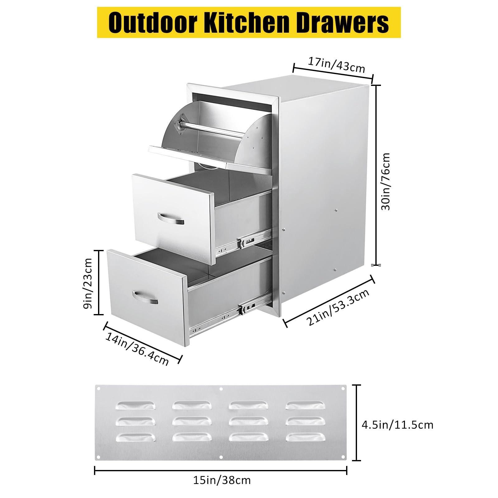 Stainless Steel Triple BBQ Drawers for Outdoor Kitchen Island - 17W x 30H x 21D Inch with Paper Towel Holder | Perfect for Grilling, Patio Cooking & Backyard Entertaining
