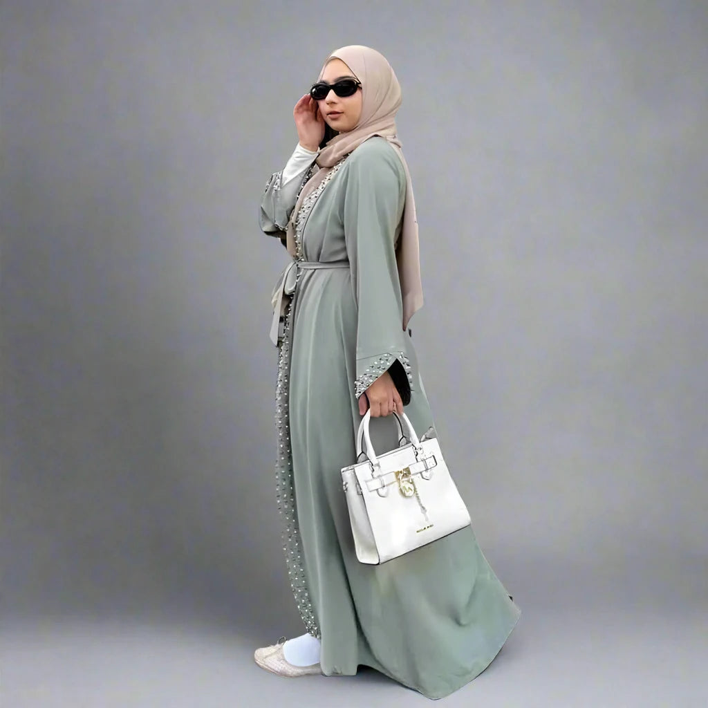 Elegant Beaded Open Abaya Dress for Women - Modest Muslim Fashion with Handcrafted Beadwork - Perfect for Eid, Weddings & Special Occasions