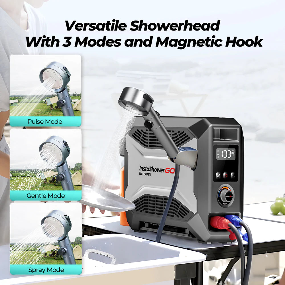 Fogatti InstaShower Go Portable Water Heater with Water Pump - 19,000 BTU Propane Camping Shower for Outdoor Adventures, RV Trips, and Emergency Use