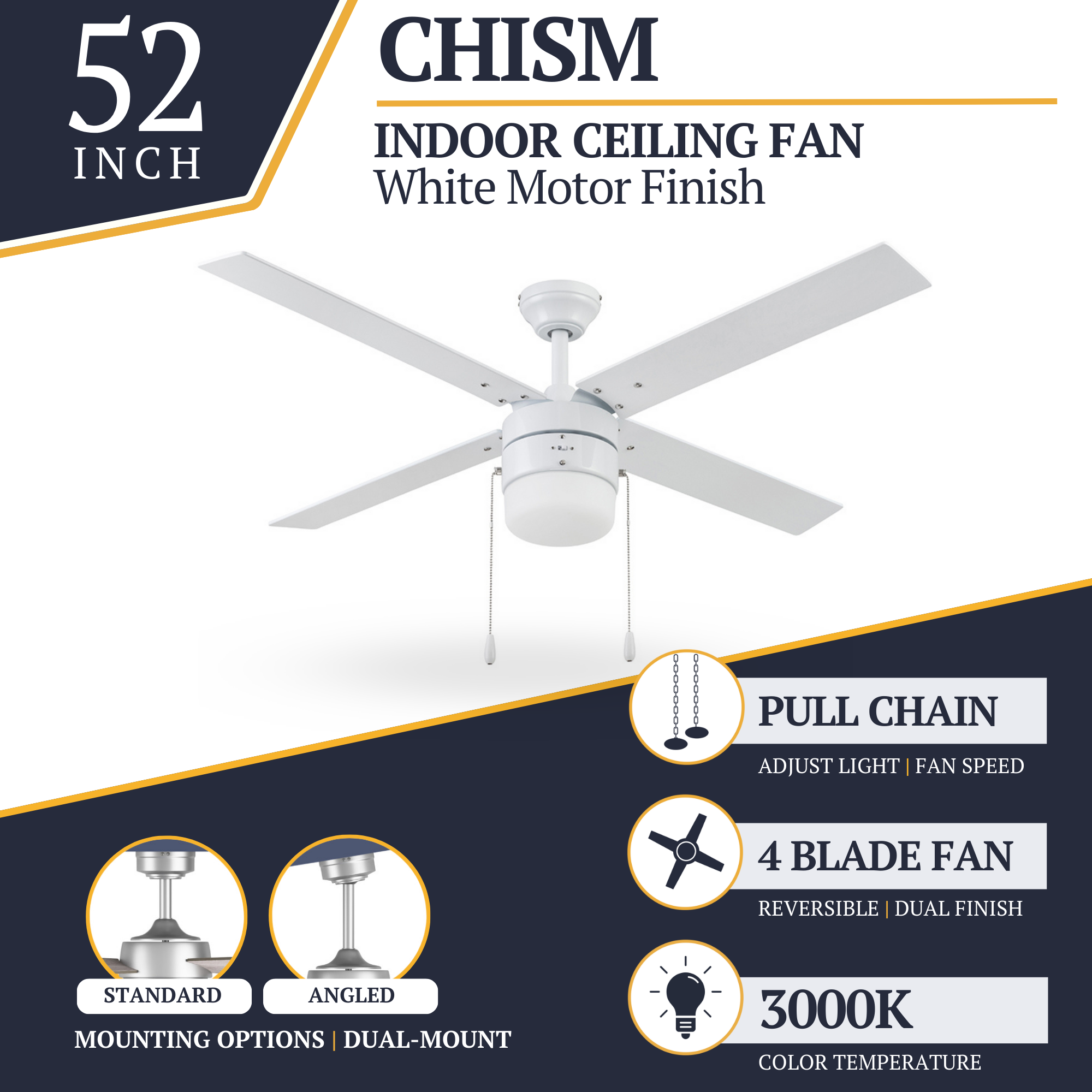 52 Inch White Ceiling Fan with Pull Chain - Modern & Energy Efficient for Living Room, Bedroom, or Office