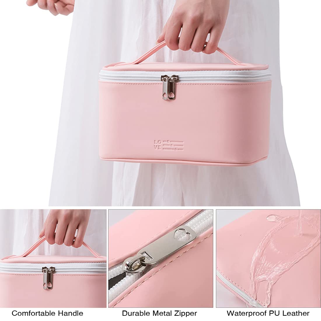 FITINI 3 Pack Waterproof Makeup Bags for Travel - Large Cosmetic Organizer with Brush Holder, Portable Toiletry Pouch Set for Women & Girls (Light Pink) | Perfect for Vacation, Gym & Daily Essentials Storage