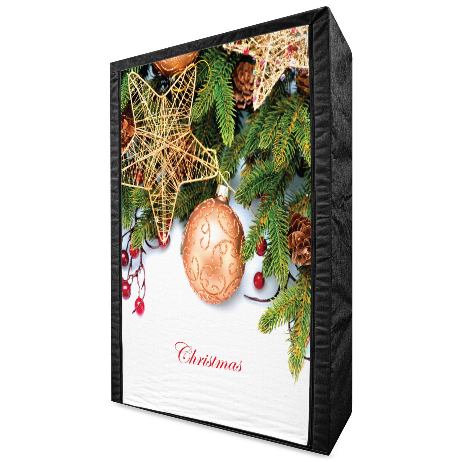 Ambesonne Christmas Fabric Wardrobe - Portable Clothing Organizer with Shelves, 42.5 Inch, Vintage Holly Berries Tree Design in Umber Ruby Emerald - Perfect for Holiday Storage, Seasonal Decor & Small Space Organization