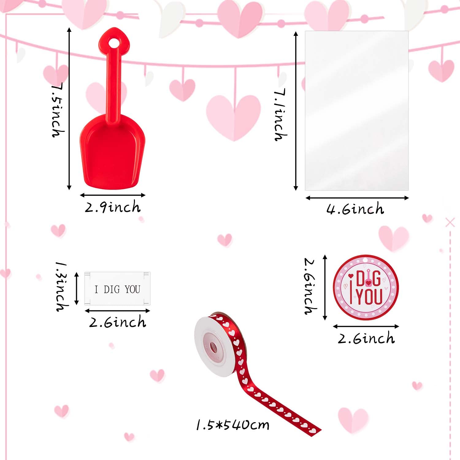 Haooryx Mini Shovel Toy Gift Set - 18-Piece Valentine's Day Plastic Sand Scoop Shovels with I Dig You Stickers, Clear Bags & Heart Ribbon - Perfect for Beach Party Favors, Kids Sandbox Play & Valentine Classroom Gifts (White/Red/Pink)