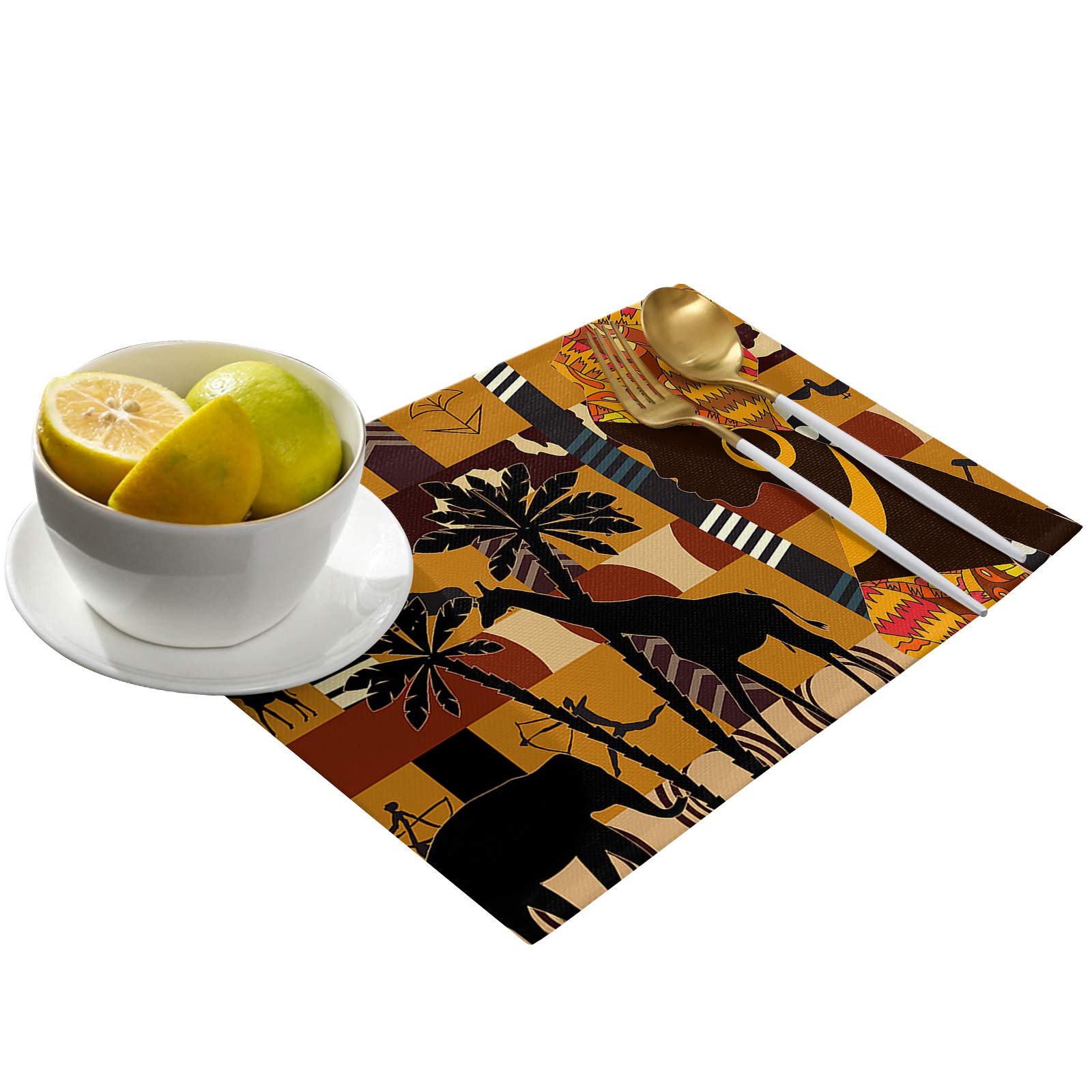 Set of 4 Black Women Placemats - African Animal Giraffe Elephant Design, Washable Dining Table Mats for Kitchen & Dinner Room Decor, Perfect for Family Gatherings & Special Occasions