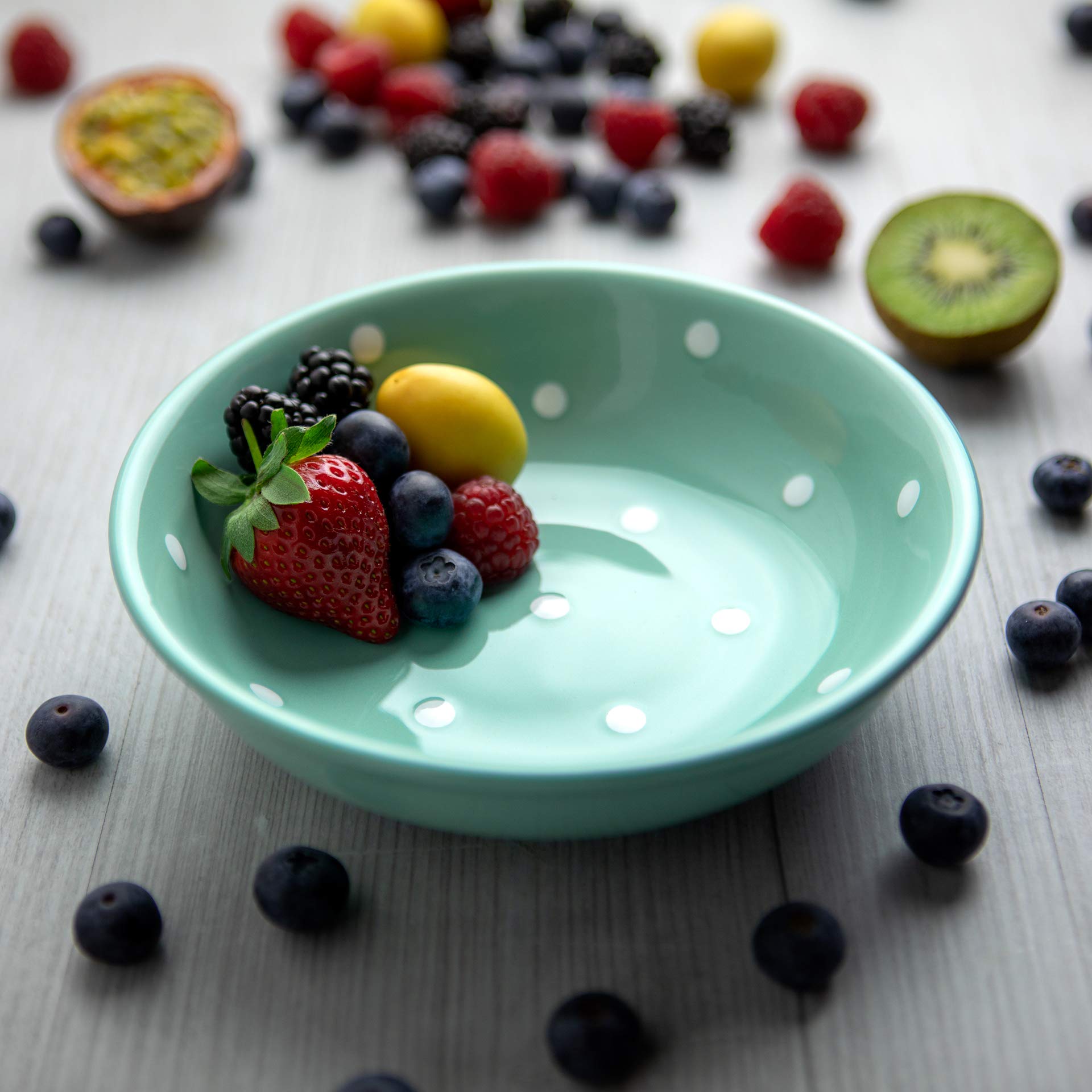 Handmade Teal Blue and White Polka Dot Glazed Ceramic Bowl - 7.3 inch (18.5cm), 14oz (400ml) for Salad, Pasta, Fruit, Cereal & Soup | Unique Dinnerware for Kitchen, Dining & Home Decor | Perfect Housewarming Gift for New Homeowners
