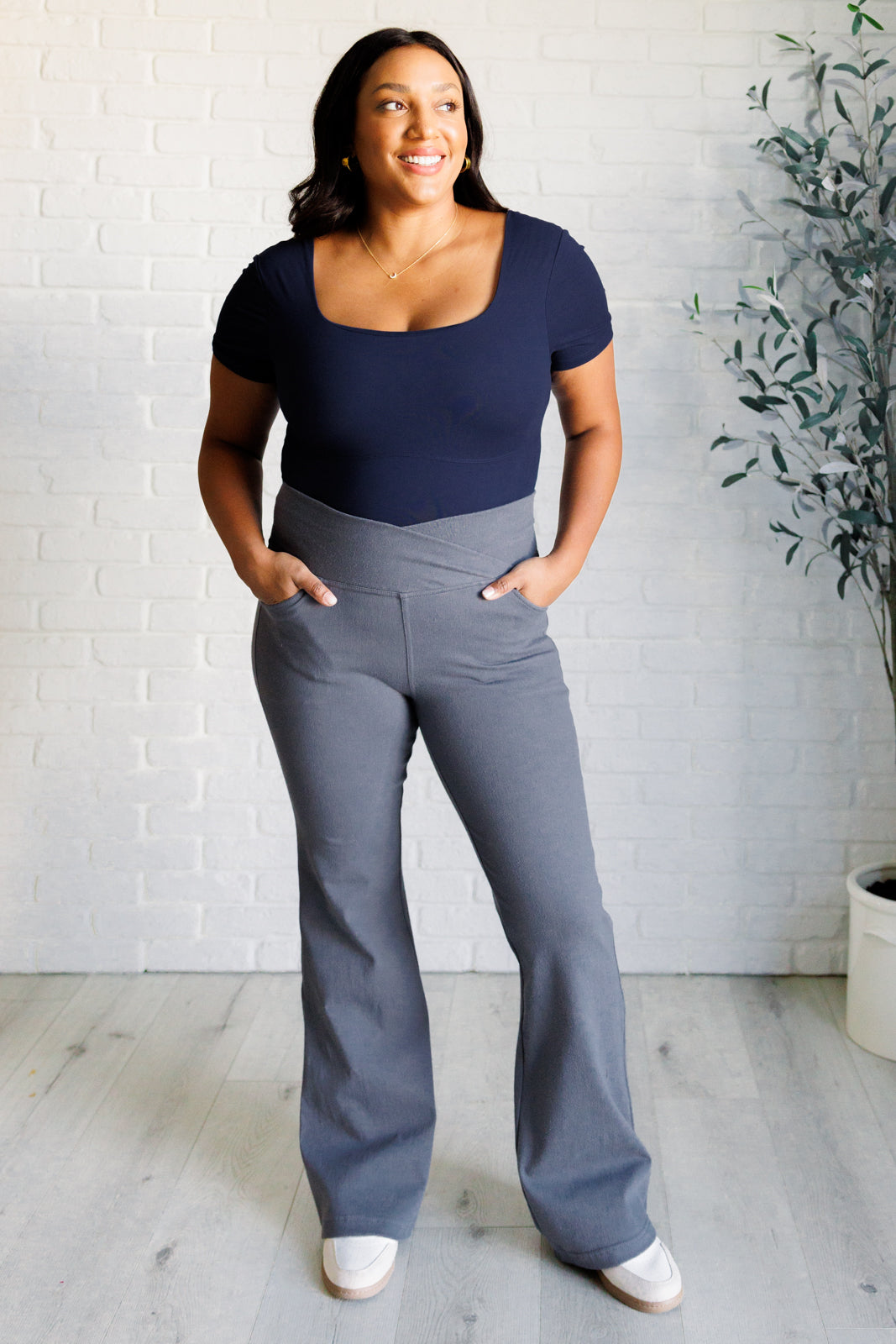 Stylish Titanium Twill Flared Crossover Waist Pants for Women - Comfortable & Trendy Office to Casual Wear