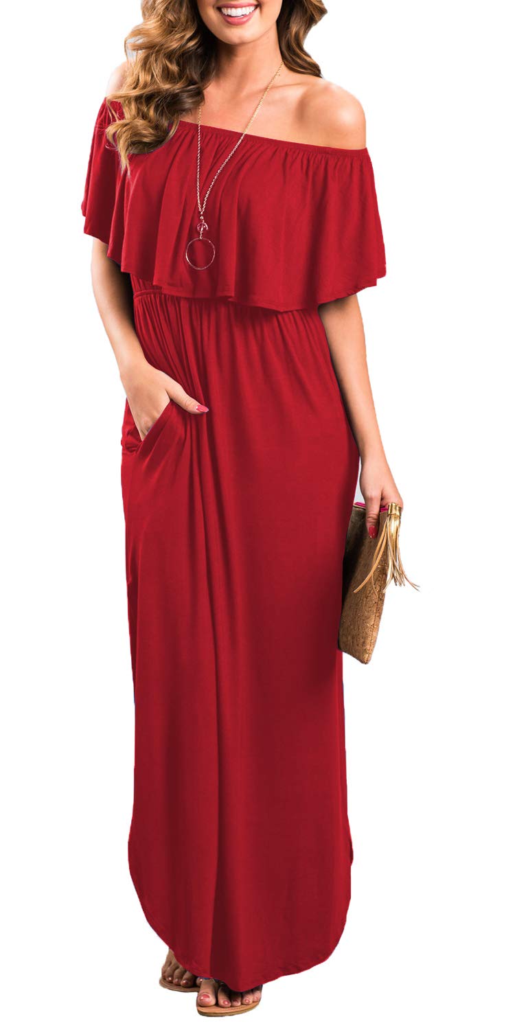 Women's Off The Shoulder Ruffle Party Dress with Side Slit - Flowy Beach Maxi Dress for Summer Weddings, Vacations & Date Nights