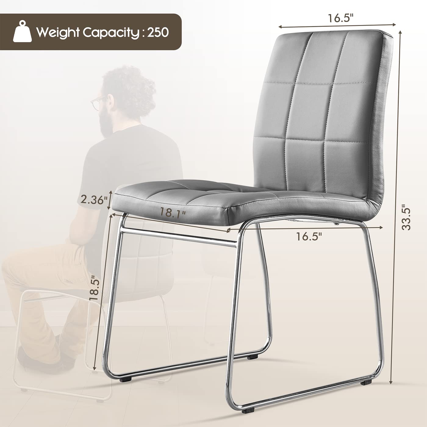 Modern Grey Faux Leather Dining Chairs Set of 2 - Comfortable Kitchen & Dining Room Chairs with Chrome Legs - Perfect for Home, Office, Restaurant & Waiting Areas