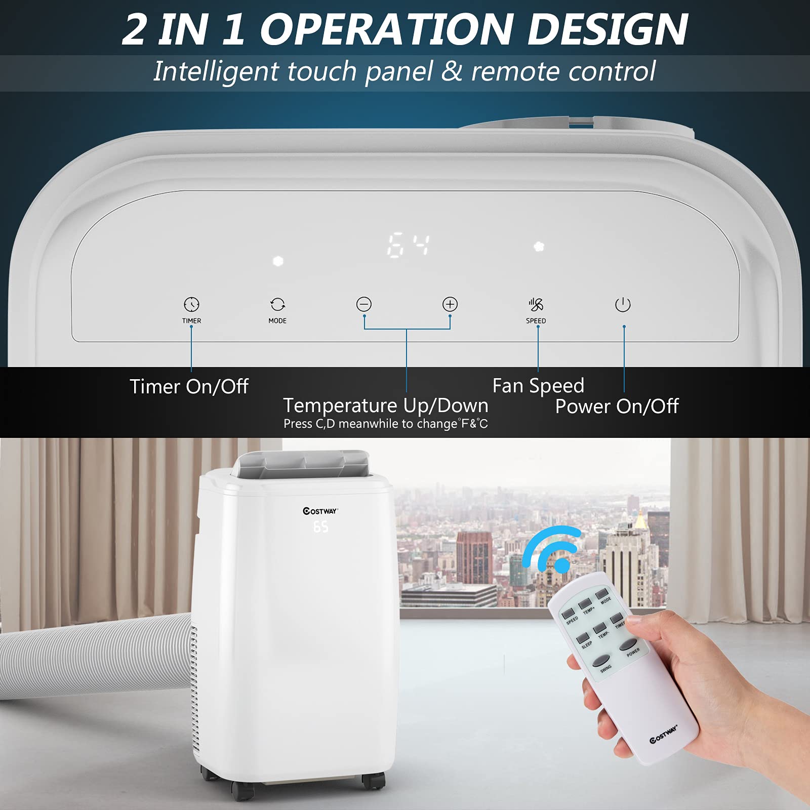 COSTWAY 10,000 BTU Portable Air Conditioner - Cools Rooms Up to 350 Sq.Ft | 3 Cooling Modes, Remote Control, Washable Filter | 3 Fan Speeds & Sleep Mode for Bedroom, Office & Small Apartment Cooling