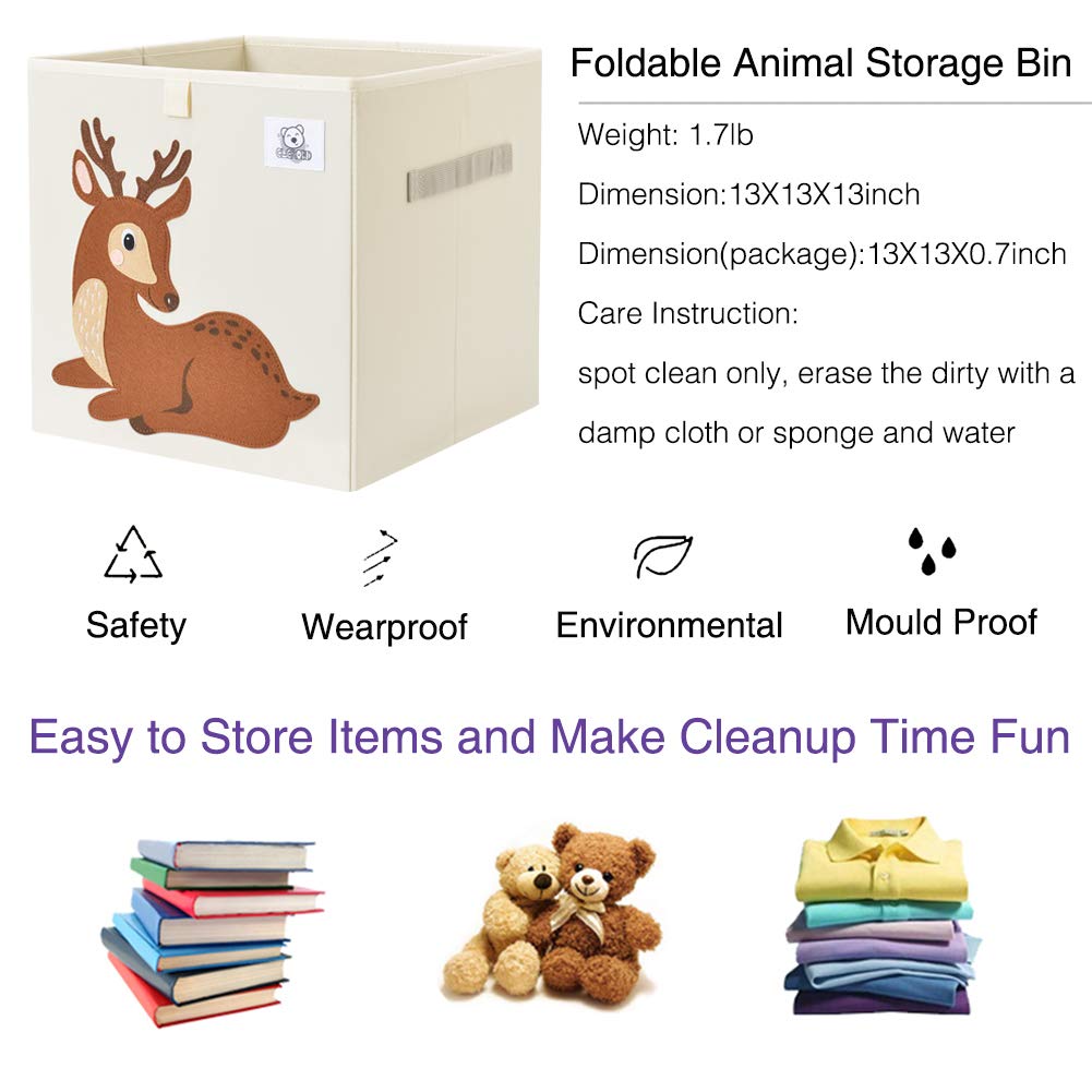 Foldable Fabric Animal Cube Storage Bin - Deer Pattern Toy Organizer Box for Kids Nursery & Playroom (13 Inch) - Perfect for Storing Toys, Books & Baby Essentials