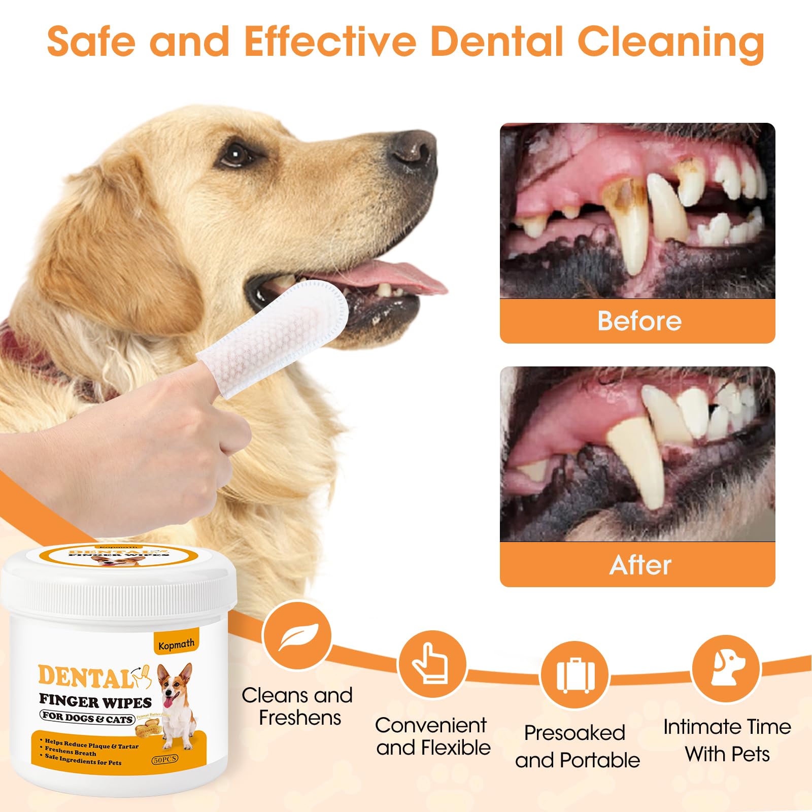 Dental Care Finger Wipes for Dogs & Cats - Pre-Soaked Pet Teeth Cleaning Pads with Peanut Flavor | Reduces Plaque & Tartar, Freshens Breath | Easy-to-Use Disposable Oral Wipes for Daily Pet Dental Hygiene at Home