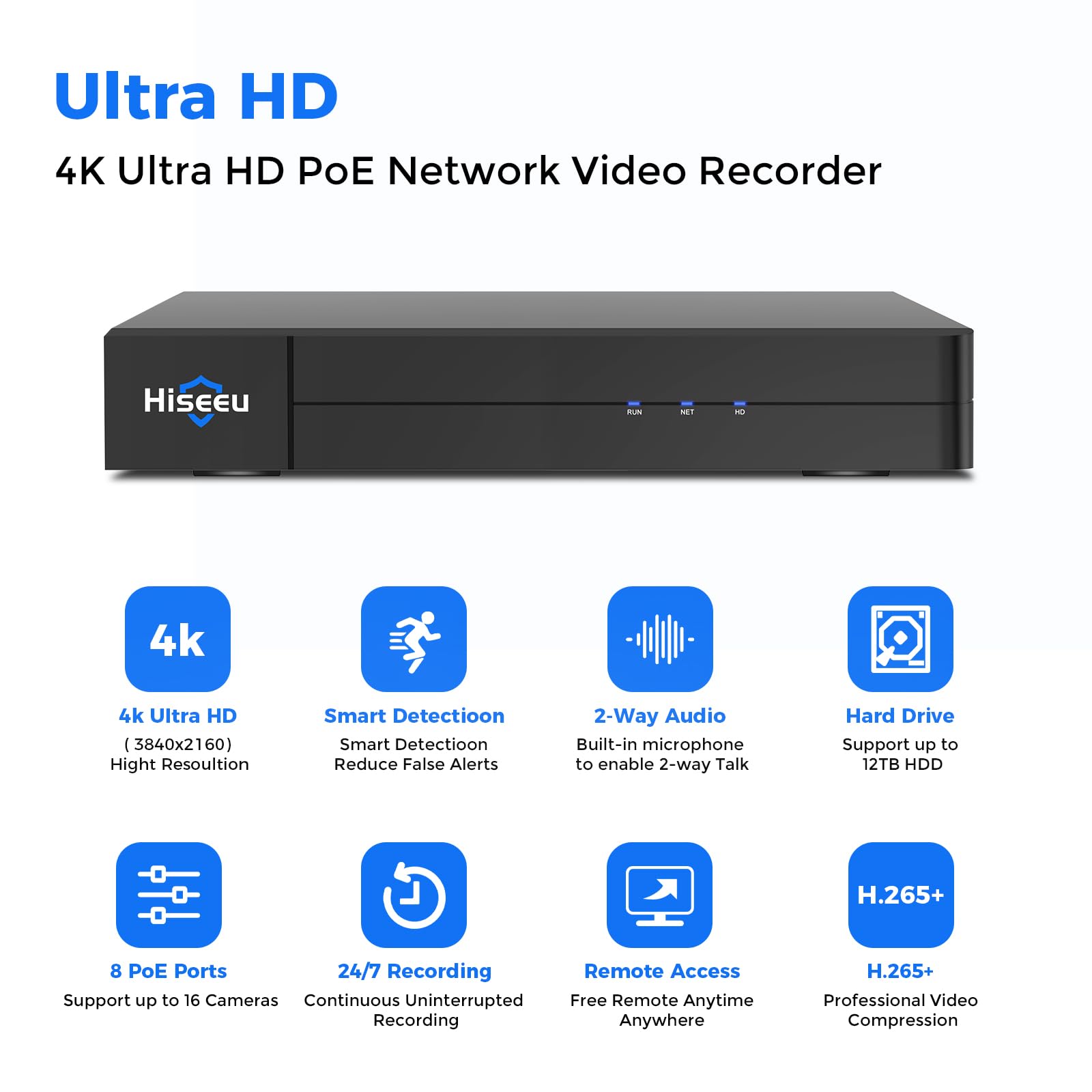 Hiseeu 8 Port 4K PoE NVR with 16 Channel Extendable - Supports 4K/2K/8MP/5MP/3MP/1080P PoE Cameras - Free Remote Access, Motion Detection, 24/7 Recording & Smart Playback (No HDD Included) - Ideal for Home Security, Office Surveillance & Business Monitoring