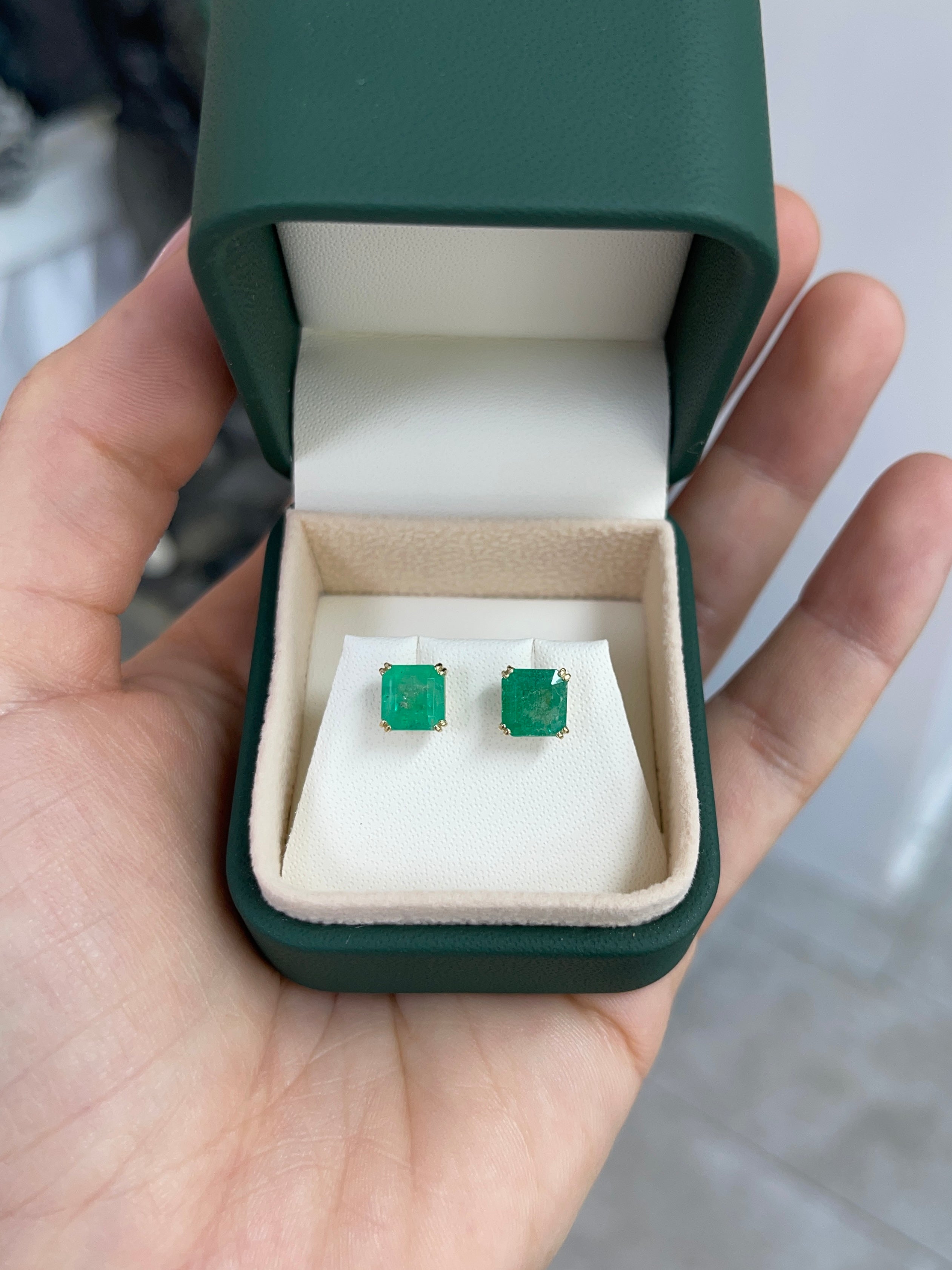 2.45tcw 7x7 Earthy Natural Asscher Cut Colombian Emerald Double Prong Stud Earrings in 14K Gold – Perfect for Weddings, Parties & Everyday Elegance