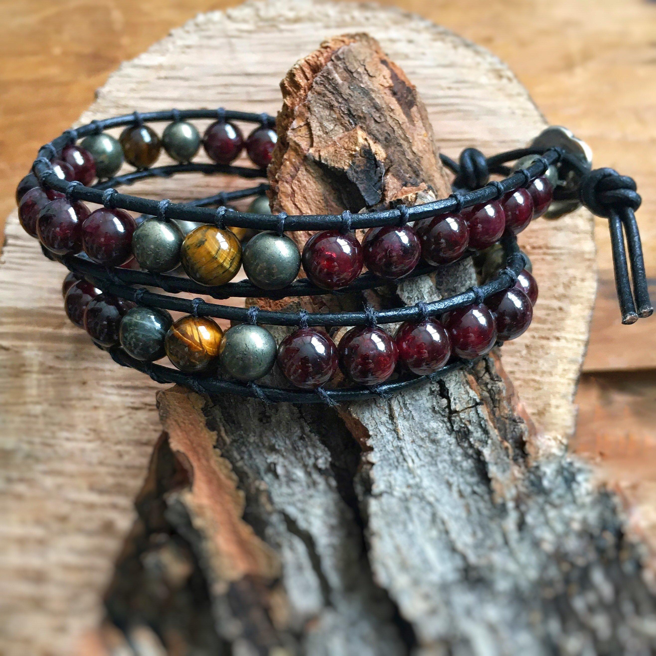 Garnet Bracelet & Tiger's Eye Leather Wrap Bracelet for Women - Prosperity & Fortitude Stone Jewelry - Perfect for Meditation, Yoga & Spiritual Healing