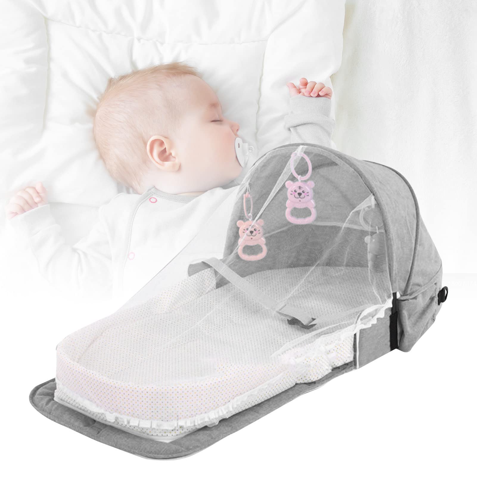 Portable Baby Travel Cot - Lightweight Folding Crib with Zipper & Large Storage for Outdoor, Camping, Travel & Home Use (Grey)
