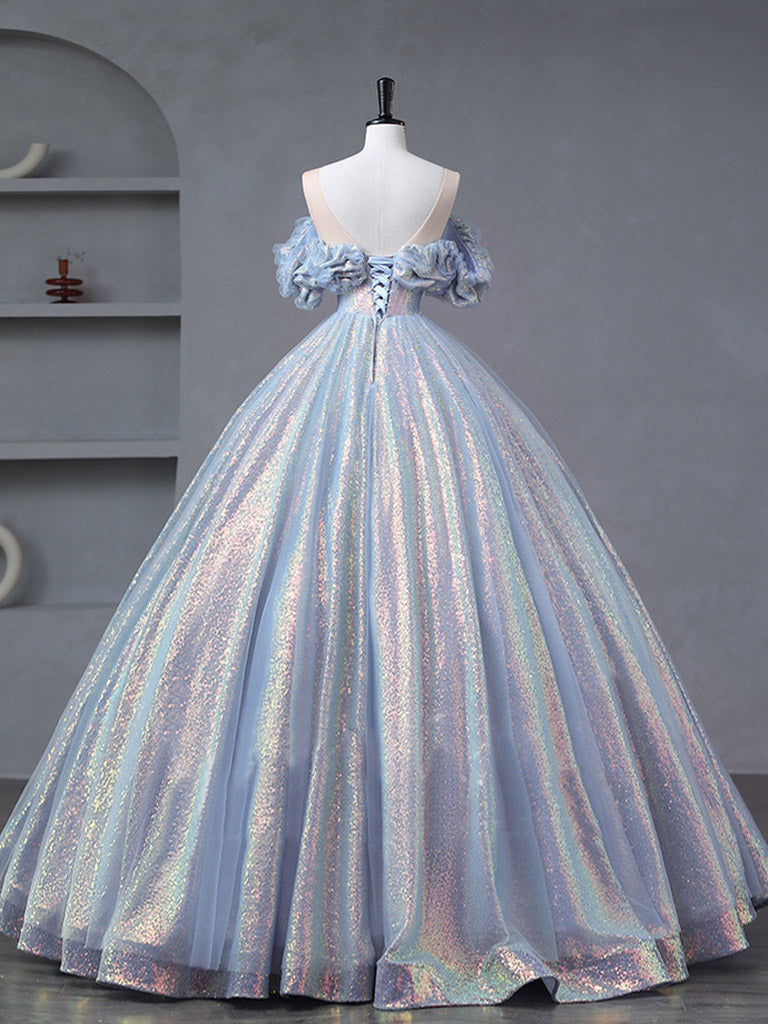Elegant A-Line Off-Shoulder Tulle Sequin Prom Dress in Blue & Purple - Long Formal Evening Gown for Homecoming, Ball, Quinceañera & Special Occasions