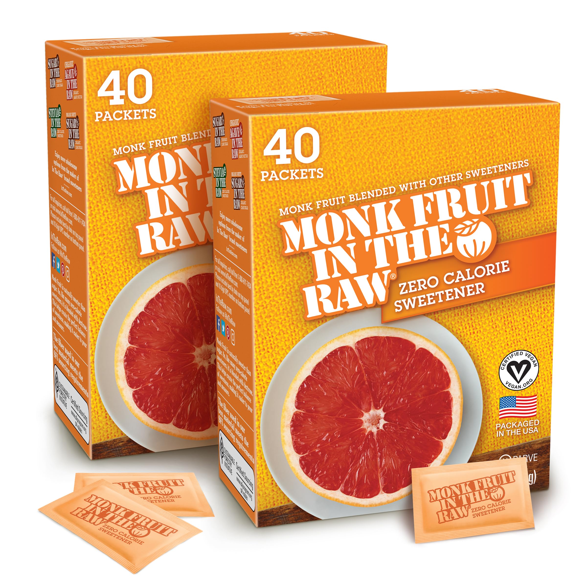 MONK FRUIT IN THE RAW Zero-Calorie Natural Sweetener - 40 Packets (Pack of 2) | Erythritol-Free, Keto & Diabetic Friendly Sugar Substitute | Perfect for Coffee, Tea, Baking & Low-Carb Recipes