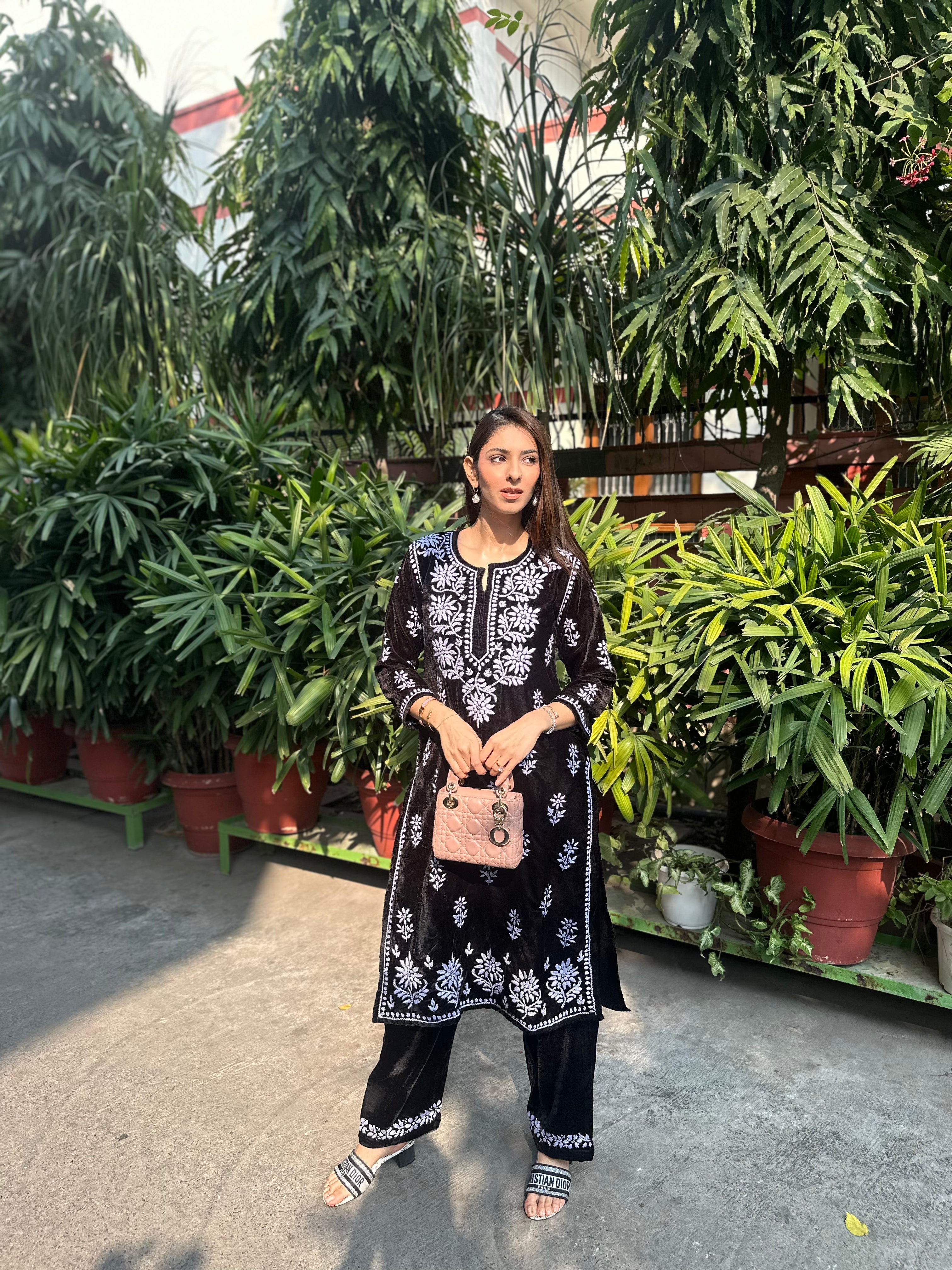 Elegant Black Velvet Chikankari Kurta Set for Women | Traditional Indian Embroidered Dress | Perfect for Festivals, Weddings & Special Occasions