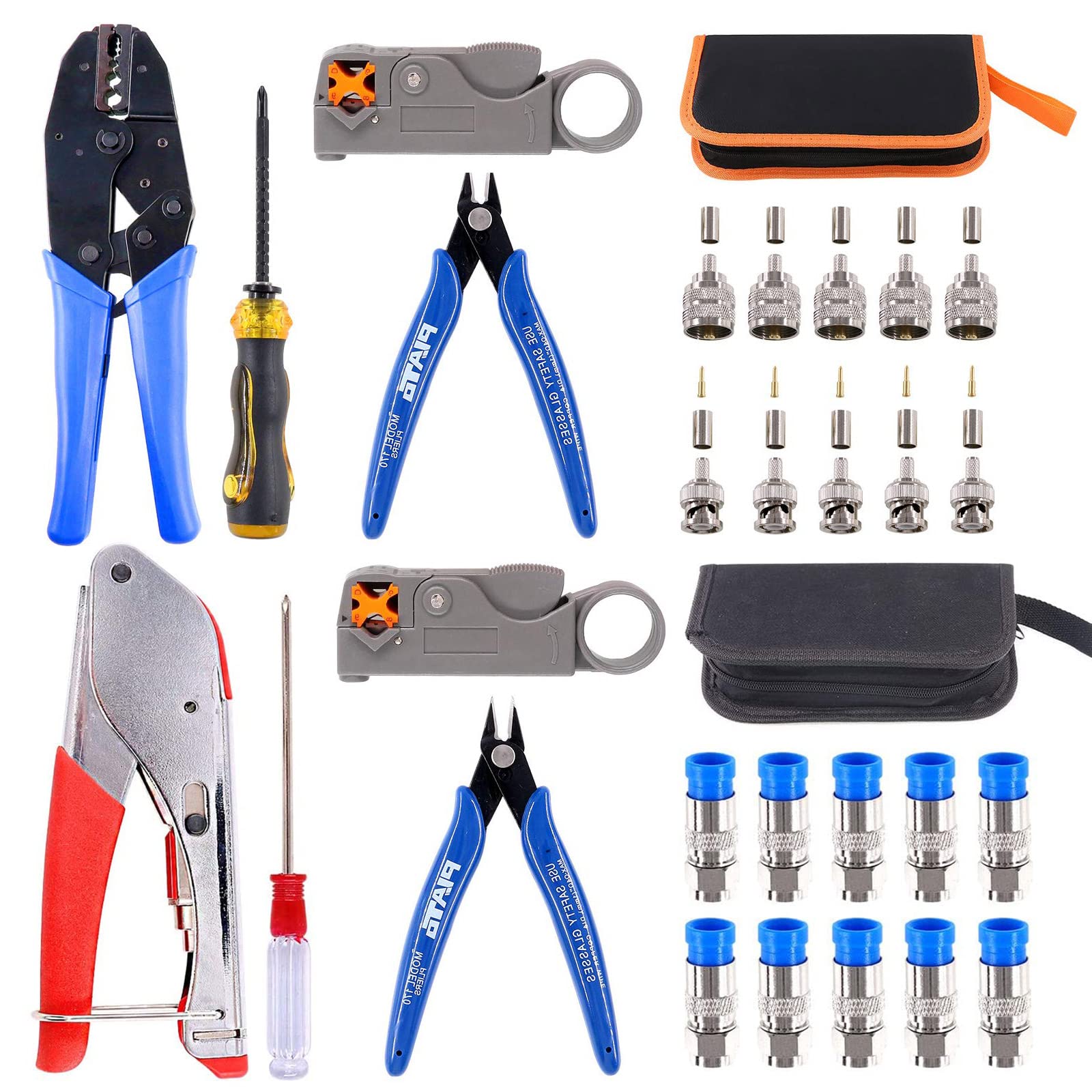 Glarks Coaxial Cable Tool Set - Coax Cable Crimper, Stripper & Wire Cutter with 10pcs F Compression Connectors Kit for TV, Satellite & Internet Installation