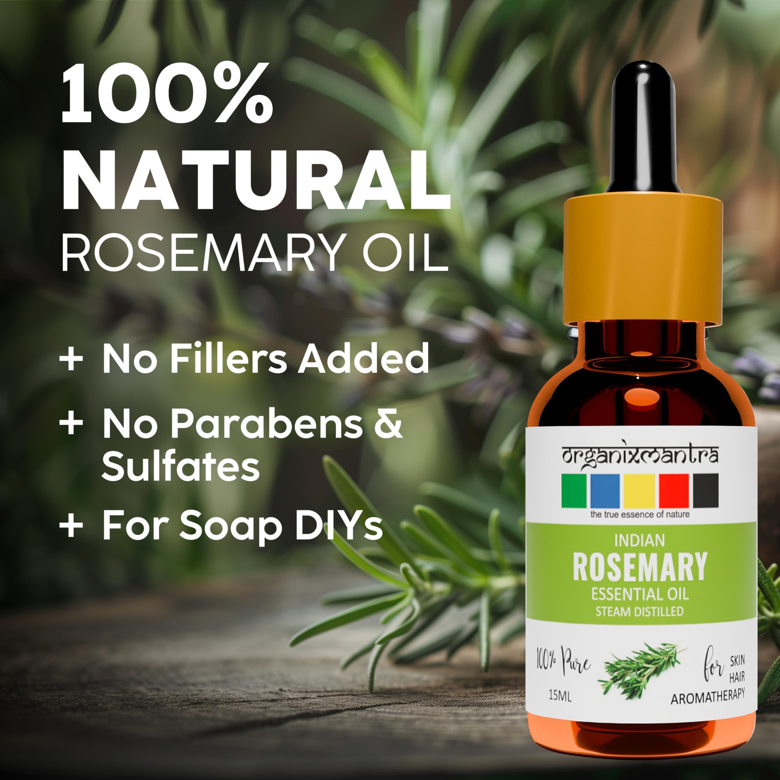 Organic Rosemary Essential Oil for Hair Growth & Skin Care - 100% Pure, Natural, Steam Distilled - 15ml Bottle - Perfect for Aromatherapy, DIY Beauty Products & Relaxation