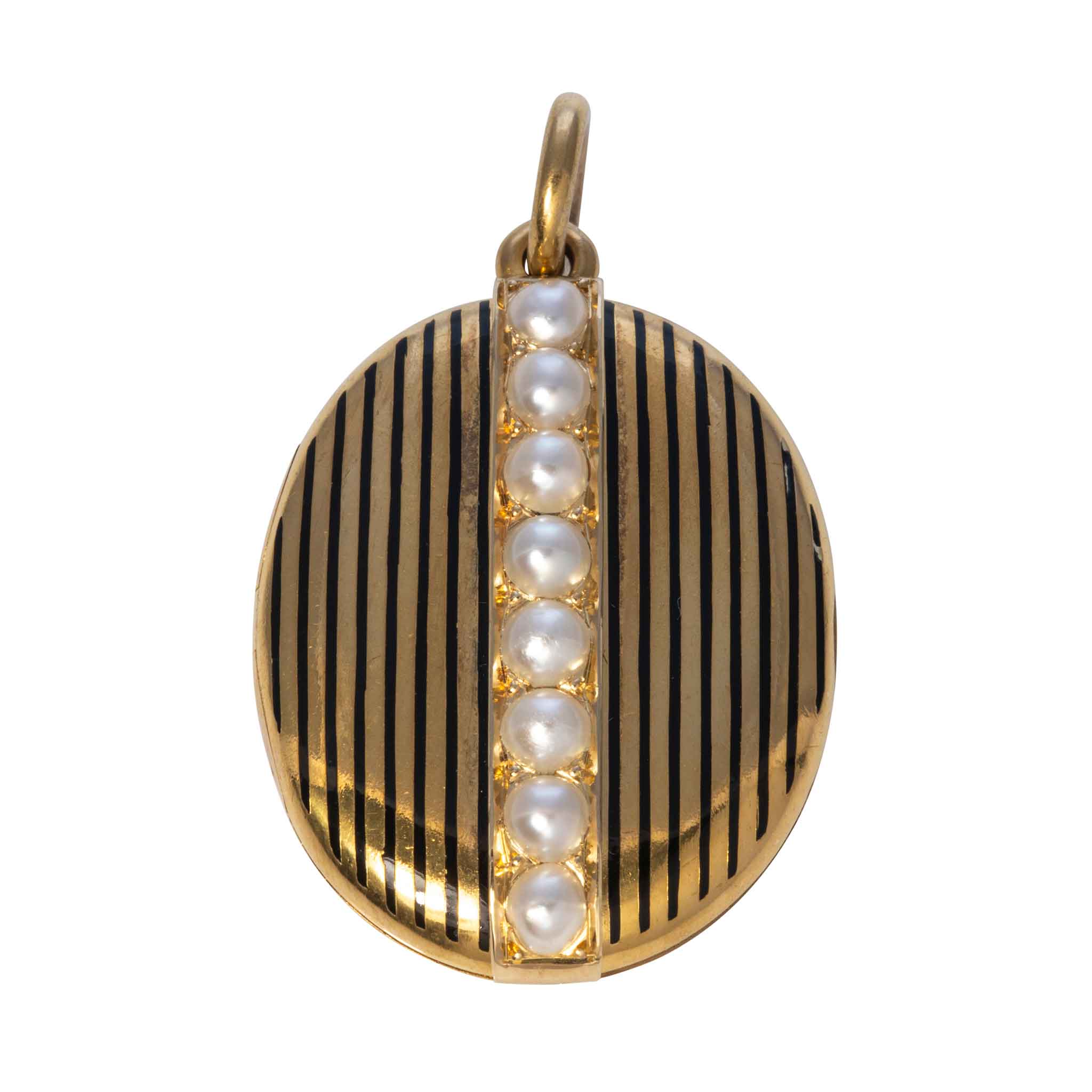 Victorian Style 18K Gold Oval Locket Pendant with Pearl and Enamel Stripes - Elegant Antique Jewelry for Women, Perfect for Weddings, Anniversaries & Special Occasions