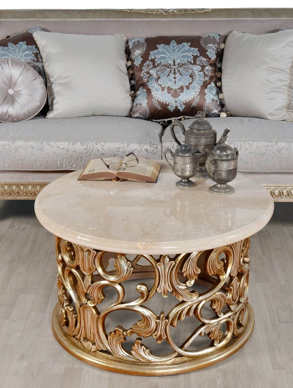 Round Coffee Table with Silver Platina Frame and Cream Marble Top - Modern Living Room Centerpiece for Home Decor